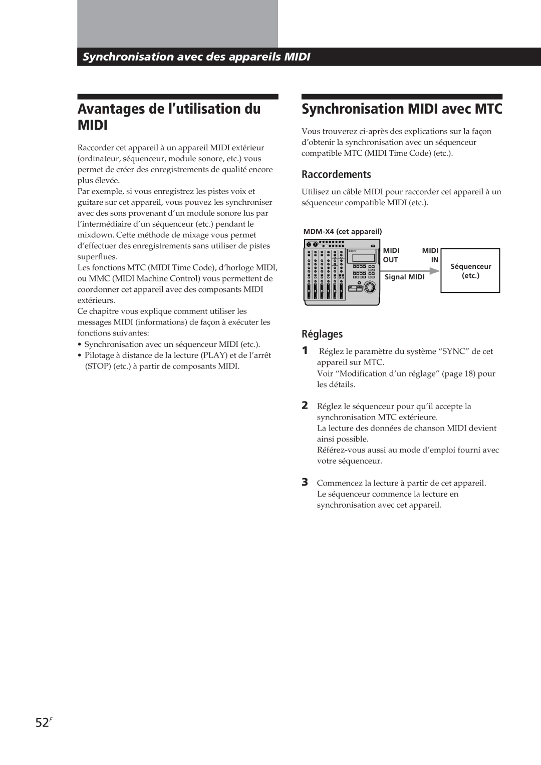 Sony MDM-X4 Avantages de l’utilisation du, Synchronisation Midi avec MTC, 52F, Raccordements, Réglages 