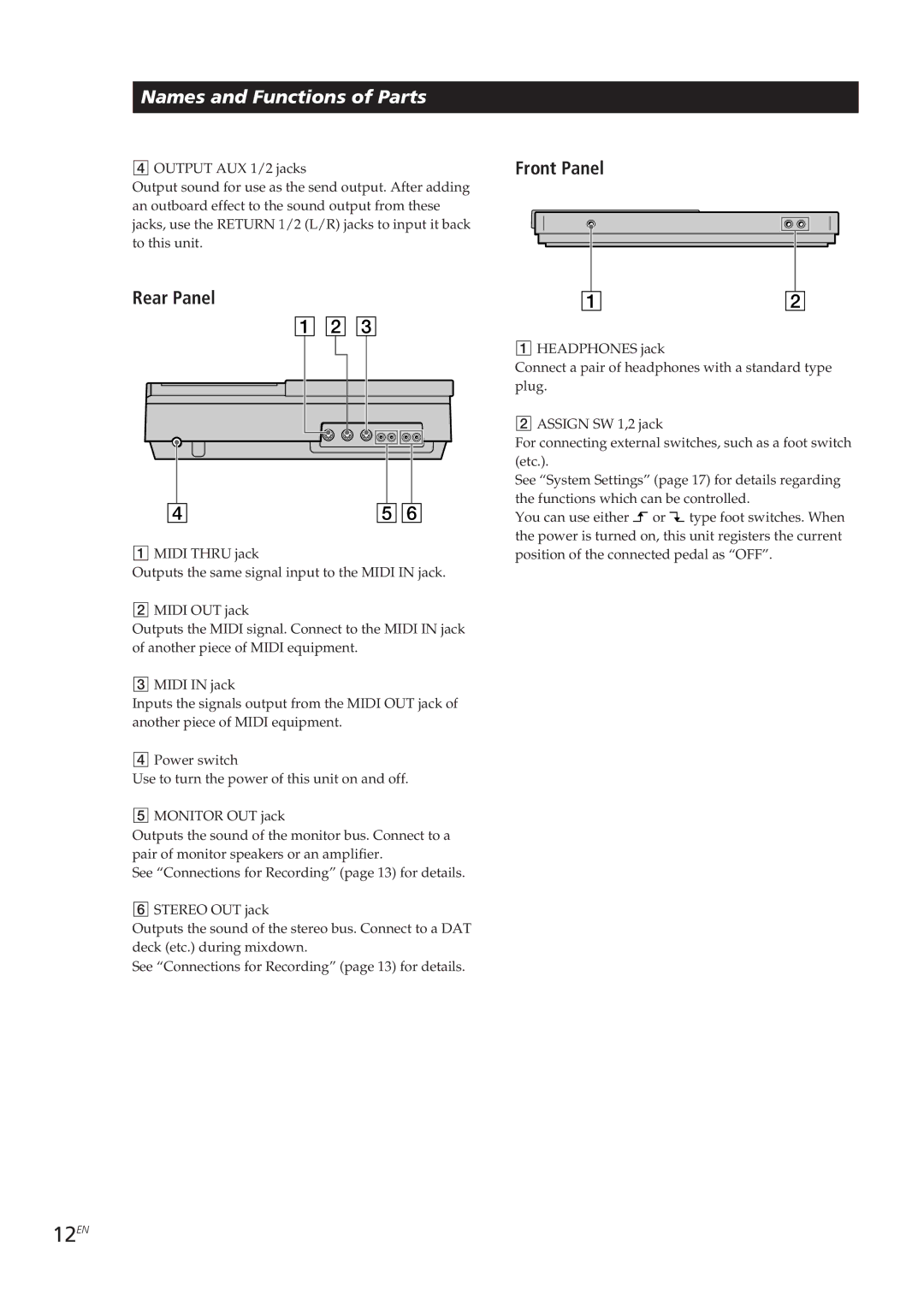 Sony MDM-X4 operating instructions 12EN, Rear Panel, Front Panel 