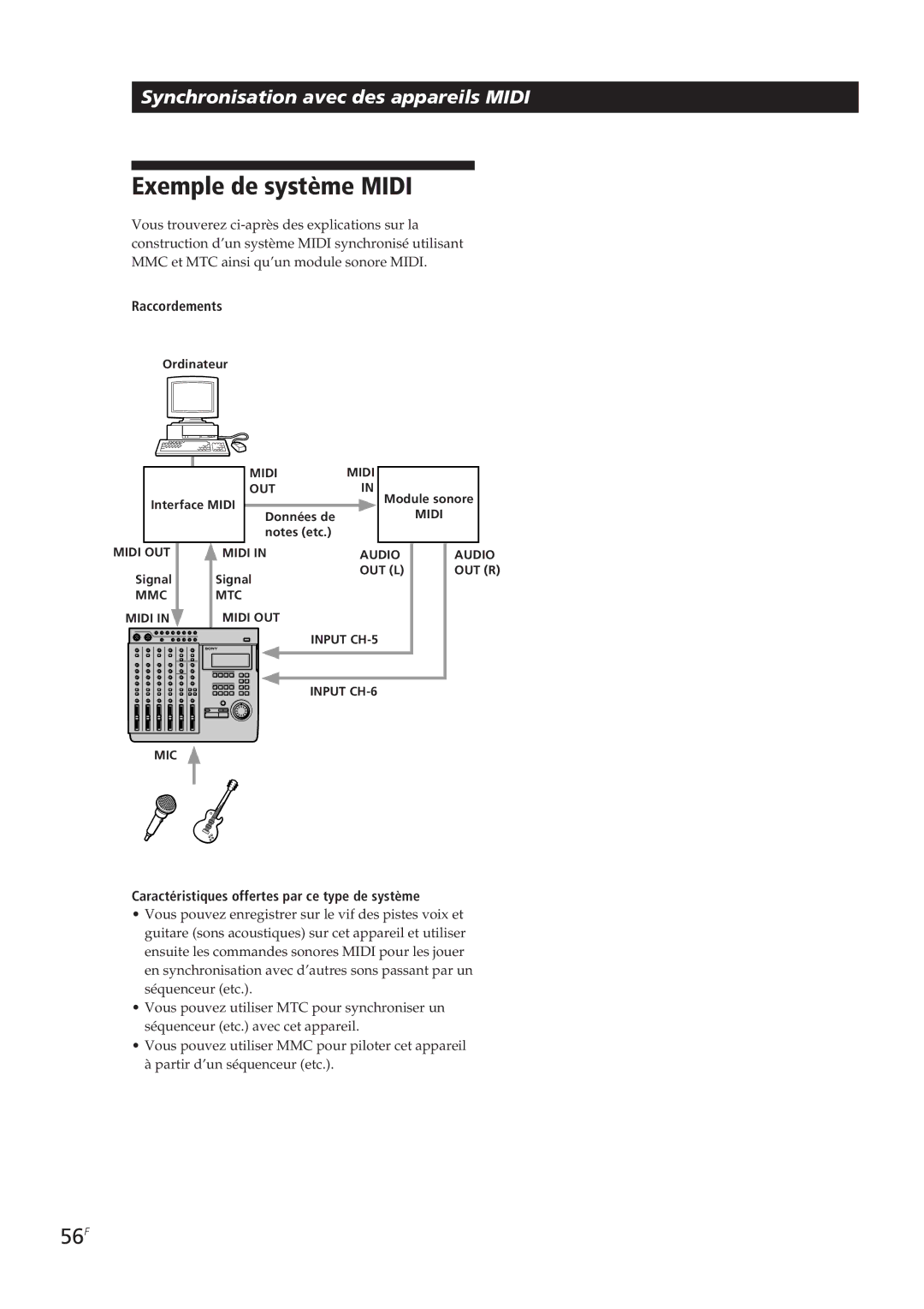 Sony MDM-X4 Exemple de système Midi, 56F, Raccordements, Caractéristiques offertes par ce type de système 