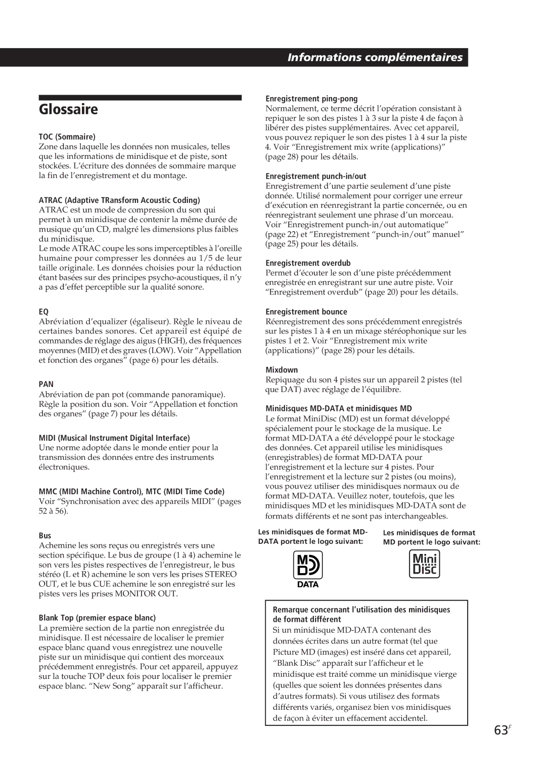 Sony MDM-X4 operating instructions Glossaire, 63F 