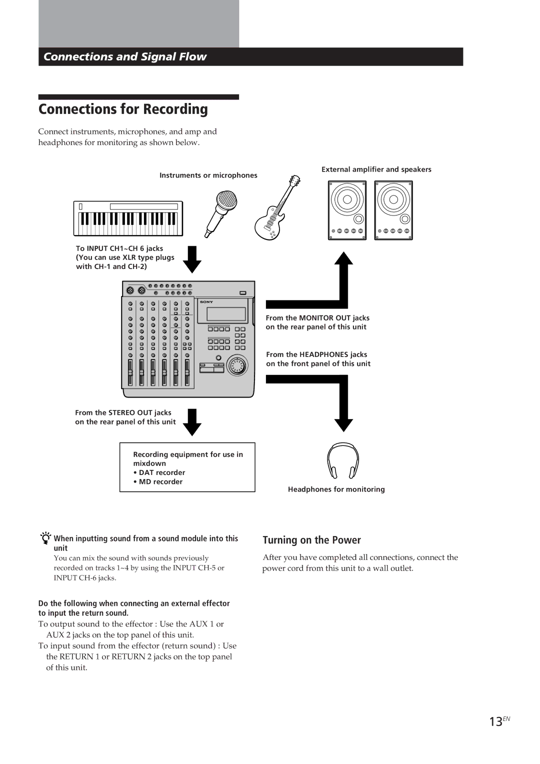 Sony MDM-X4 Connections for Recording, 13EN, Turning on the Power, When inputting sound from a sound module into this unit 