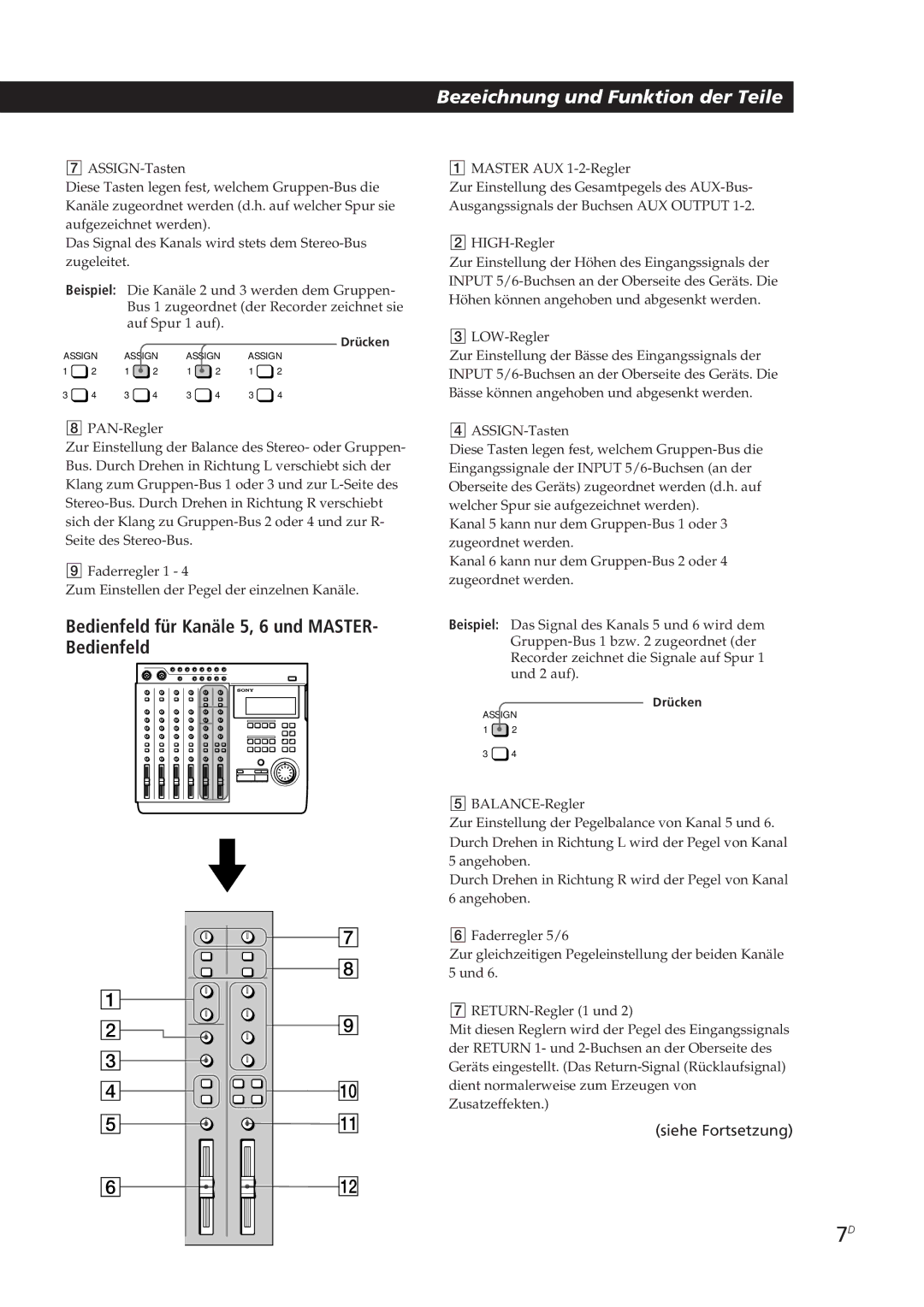 Sony MDM-X4 operating instructions Bedienfeld für Kanäle 5, 6 und MASTER- Bedienfeld 