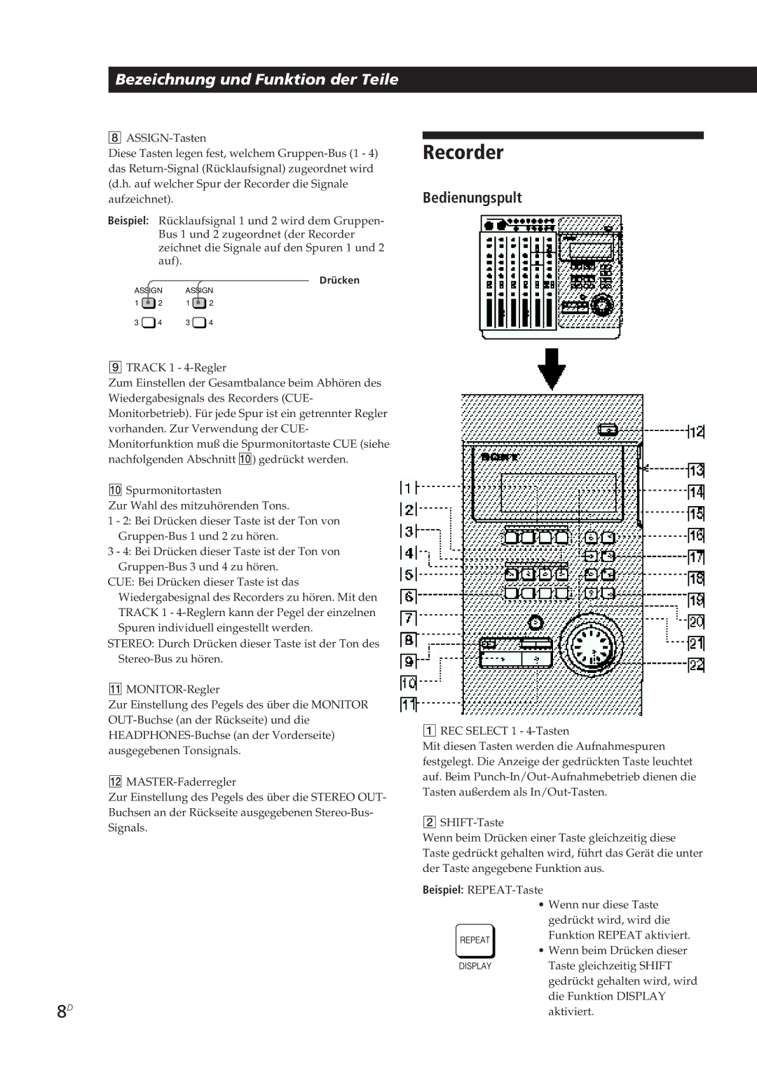 Sony MDM-X4 operating instructions Recorder, Bedienungspult 