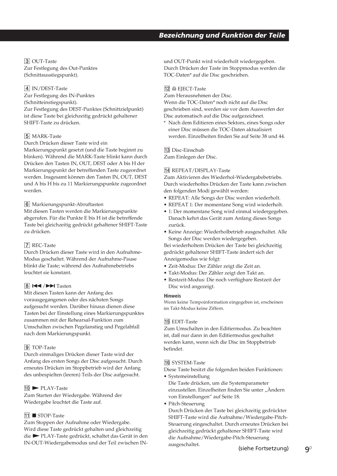 Sony MDM-X4 operating instructions Hinweis 