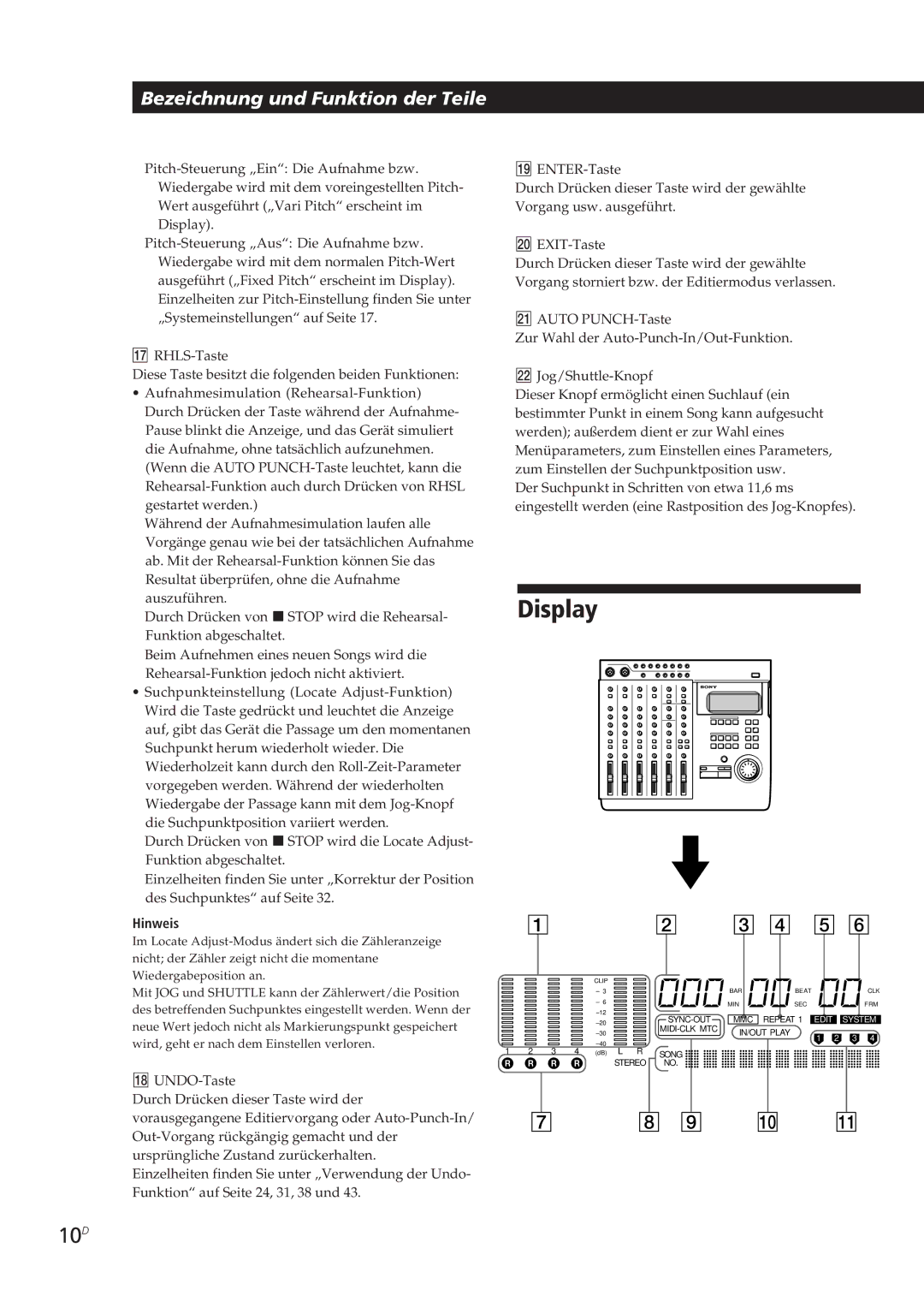 Sony MDM-X4 operating instructions 10D, ¥ UNDO-Taste 