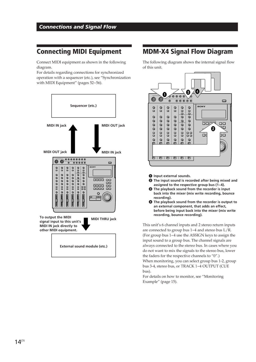 Sony operating instructions Connecting Midi Equipment, MDM-X4 Signal Flow Diagram, 14EN 