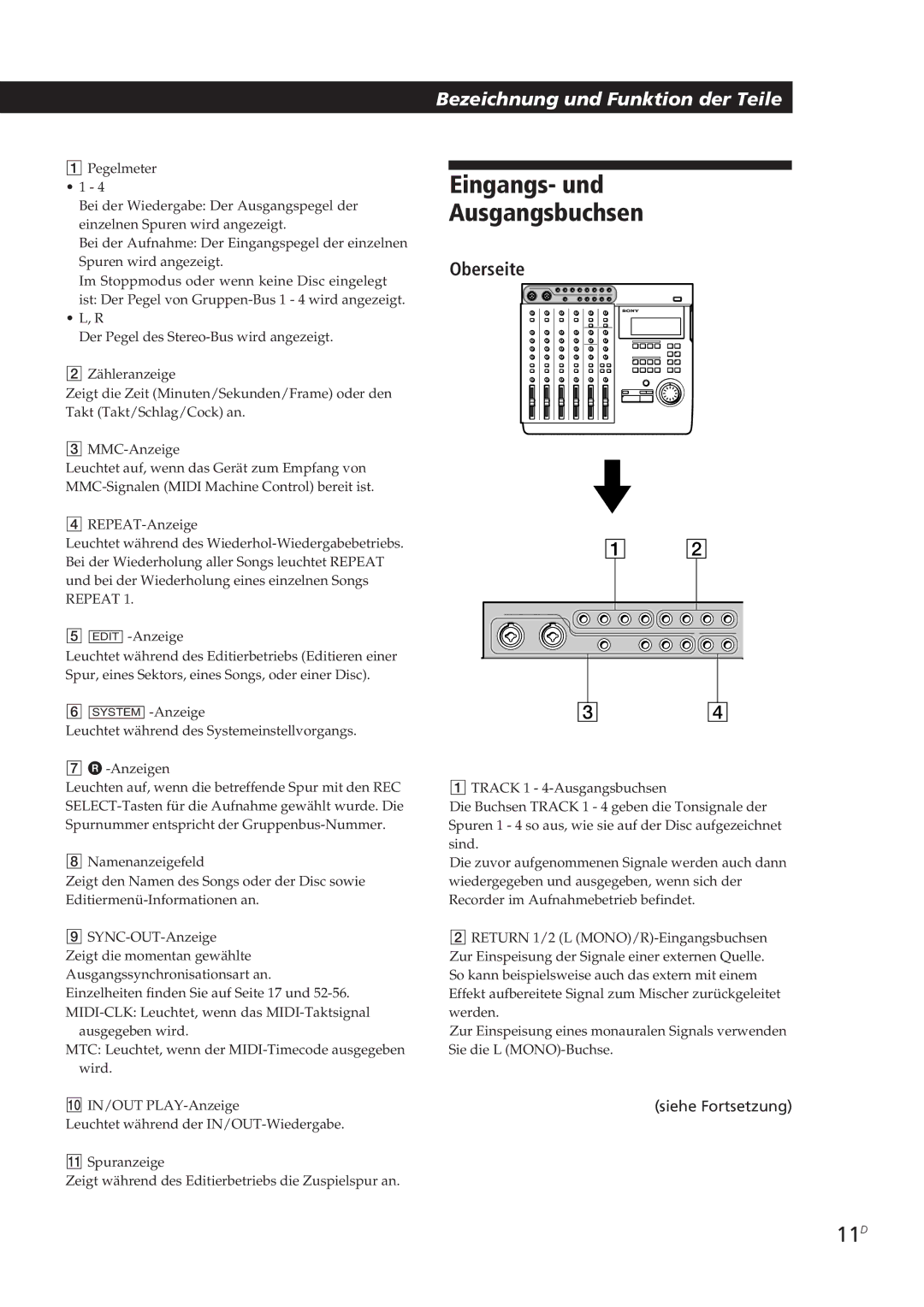 Sony MDM-X4 operating instructions Eingangs- und Ausgangsbuchsen, 11D, Oberseite 