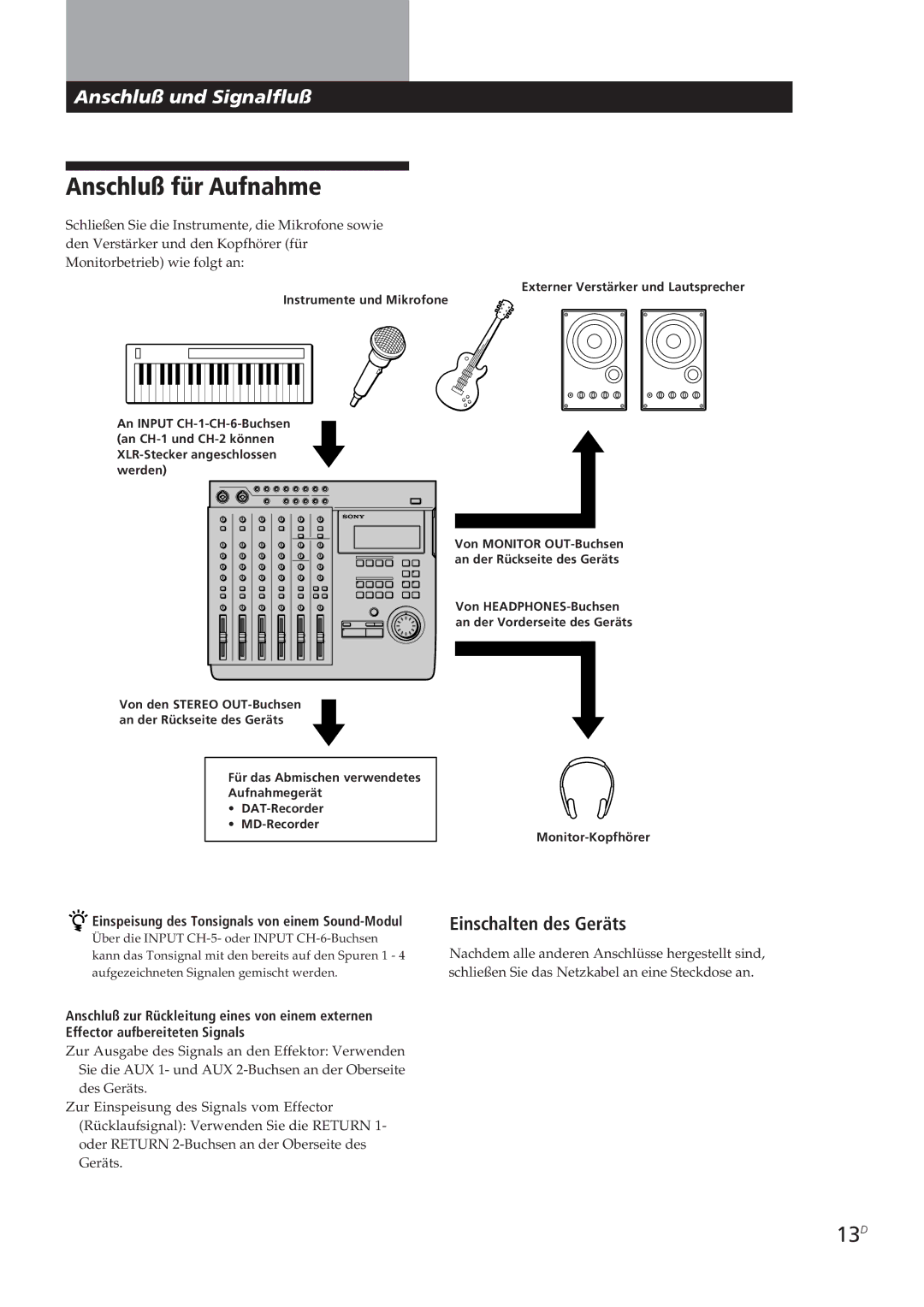 Sony MDM-X4 Anschluß für Aufnahme, 13D, Einschalten des Geräts, Einspeisung des Tonsignals von einem Sound-Modul 