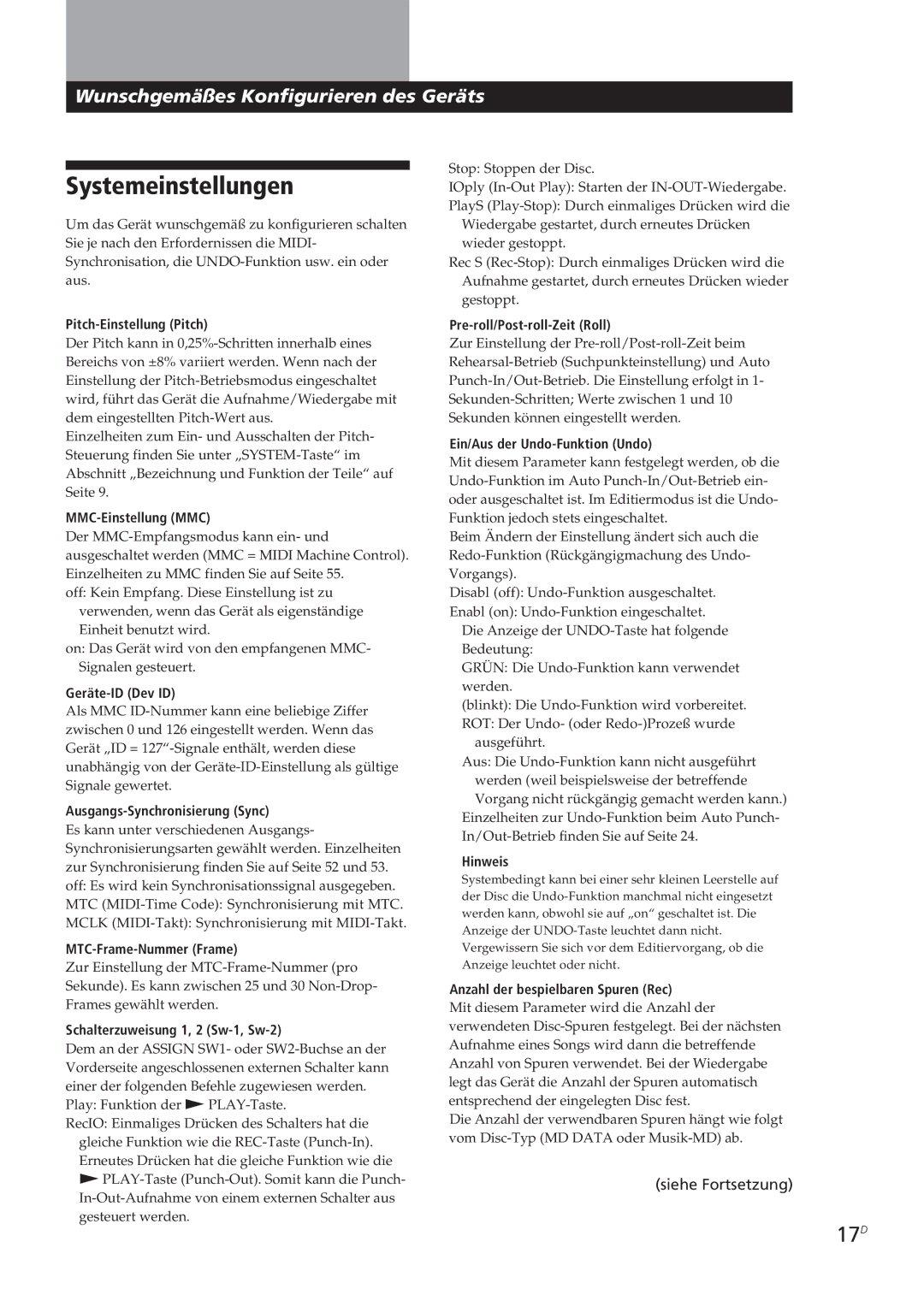 Sony MDM-X4 operating instructions Systemeinstellungen, 17D 