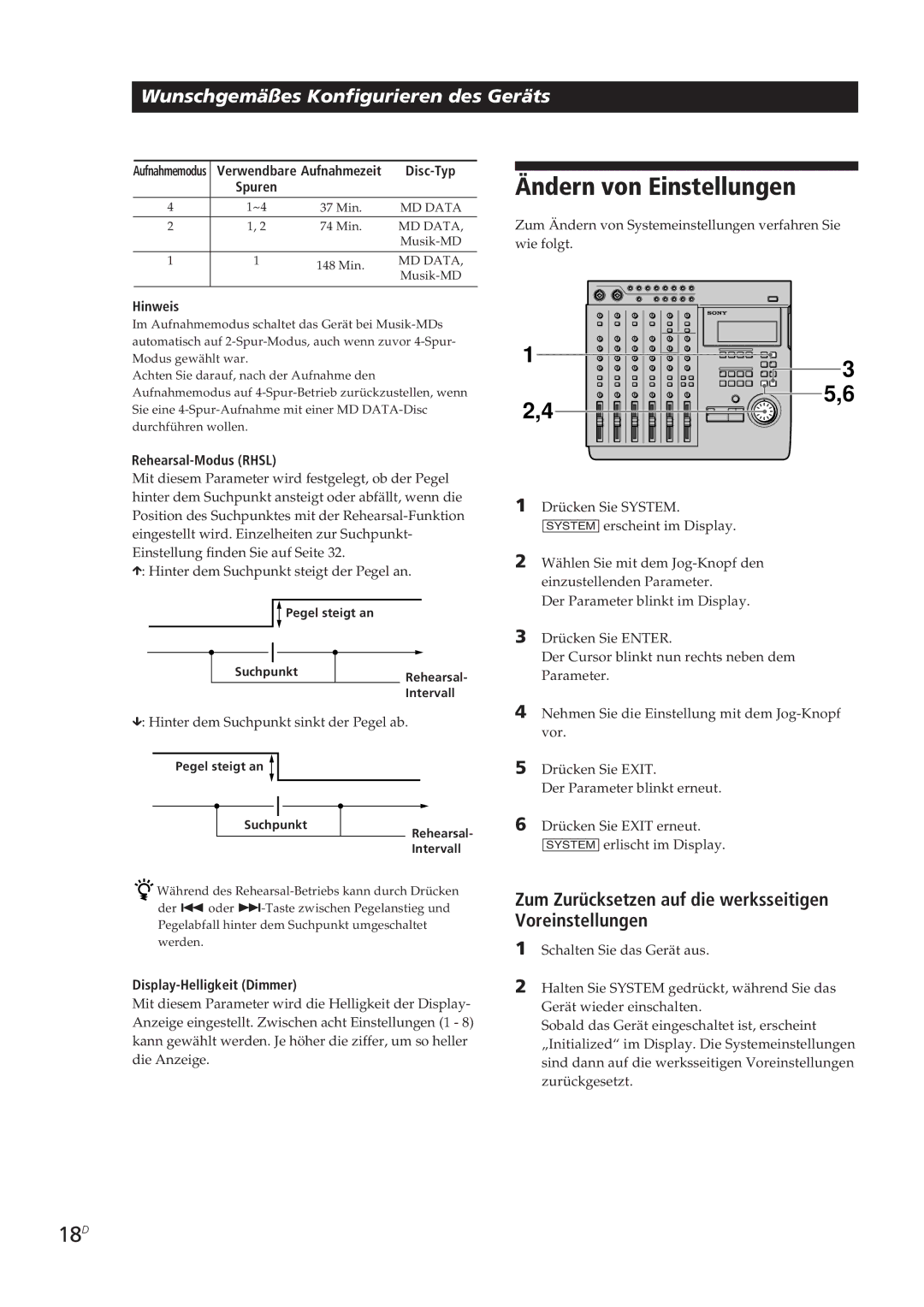 Sony MDM-X4 operating instructions Ändern von Einstellungen, 18D, Zum Zurücksetzen auf die werksseitigen Voreinstellungen 