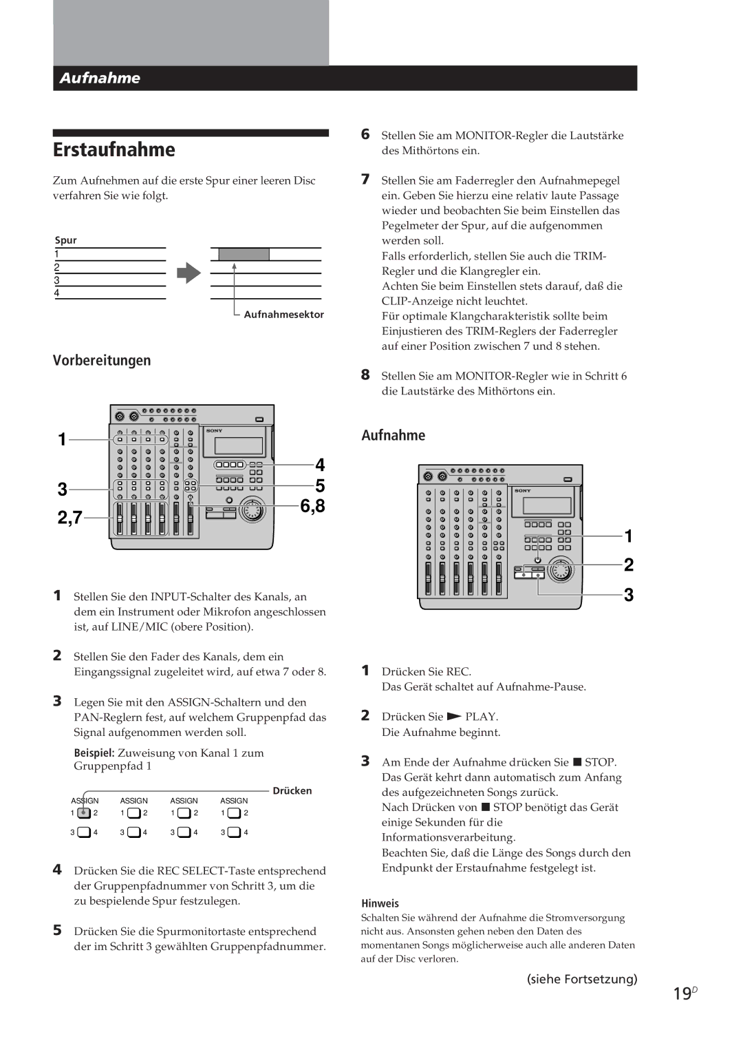 Sony MDM-X4 operating instructions Erstaufnahme, 19D, Vorbereitungen, Aufnahme 