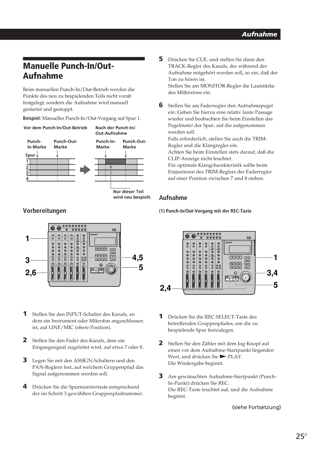 Sony MDM-X4 operating instructions Manuelle Punch-In/Out Aufnahme, 25D 