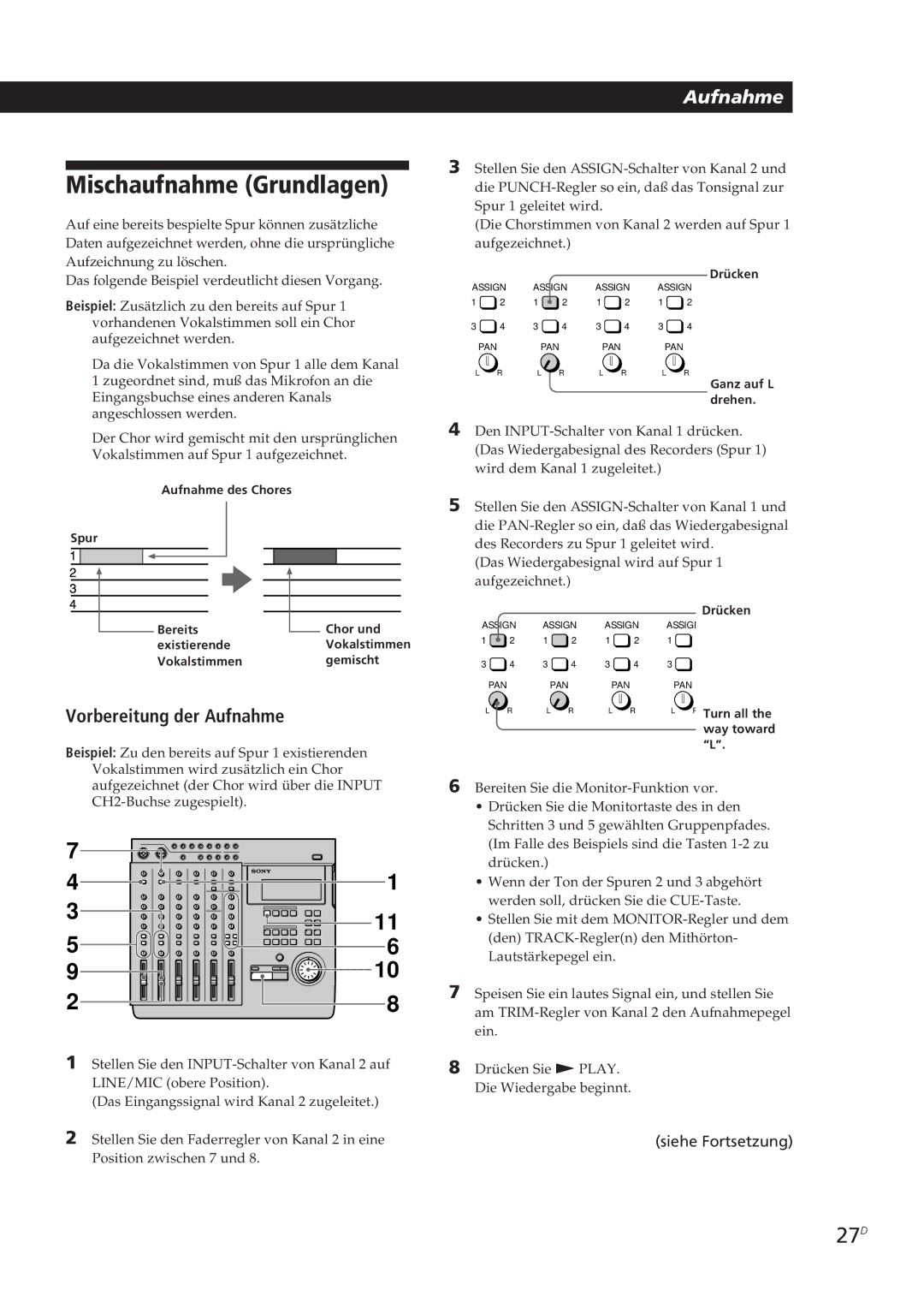 Sony MDM-X4 operating instructions Mischaufnahme Grundlagen, 27D, Vorbereitung der Aufnahme 