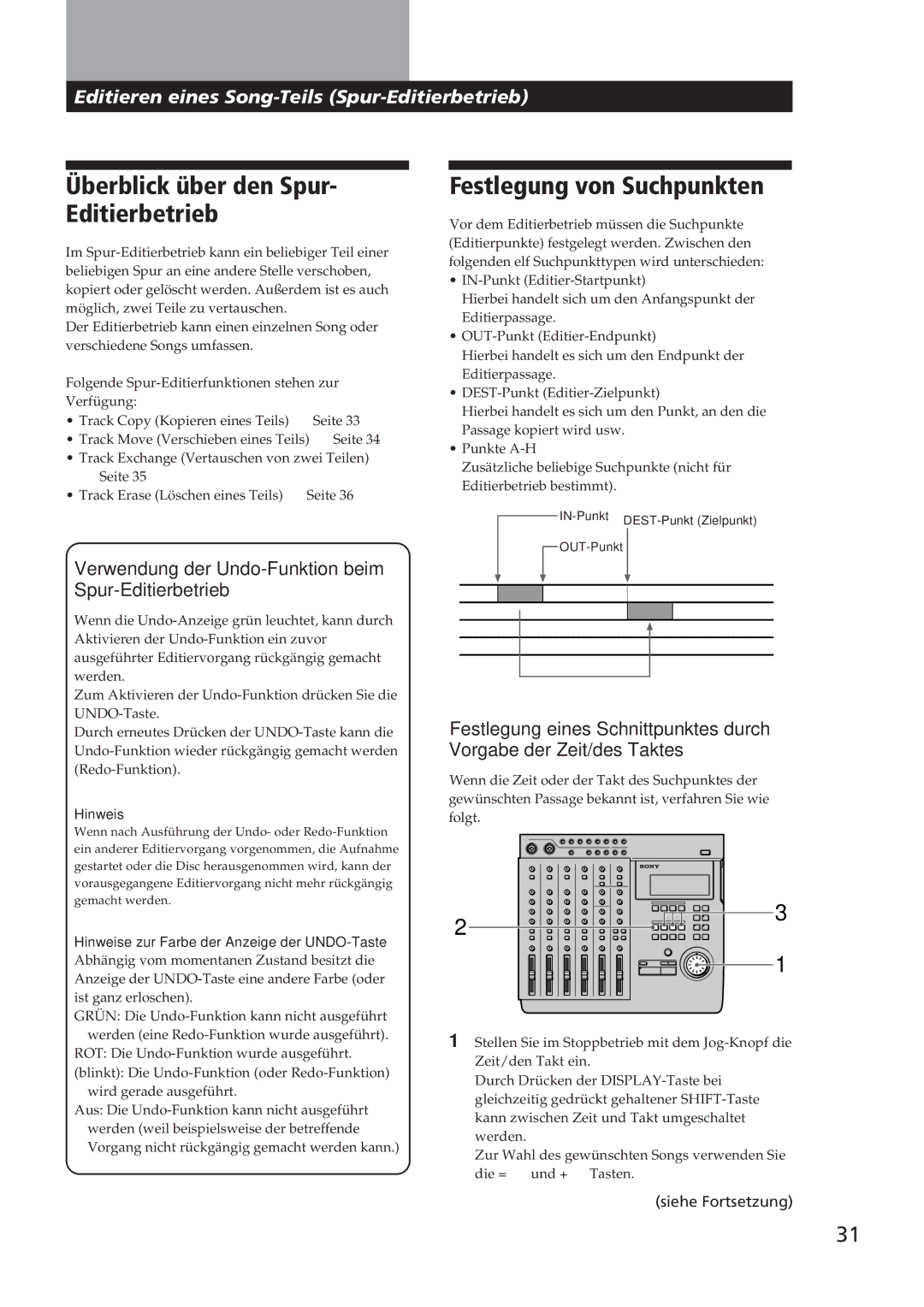 Sony MDM-X4 operating instructions Überblick über den Spur- Editierbetrieb, Festlegung von Suchpunkten, 31D 