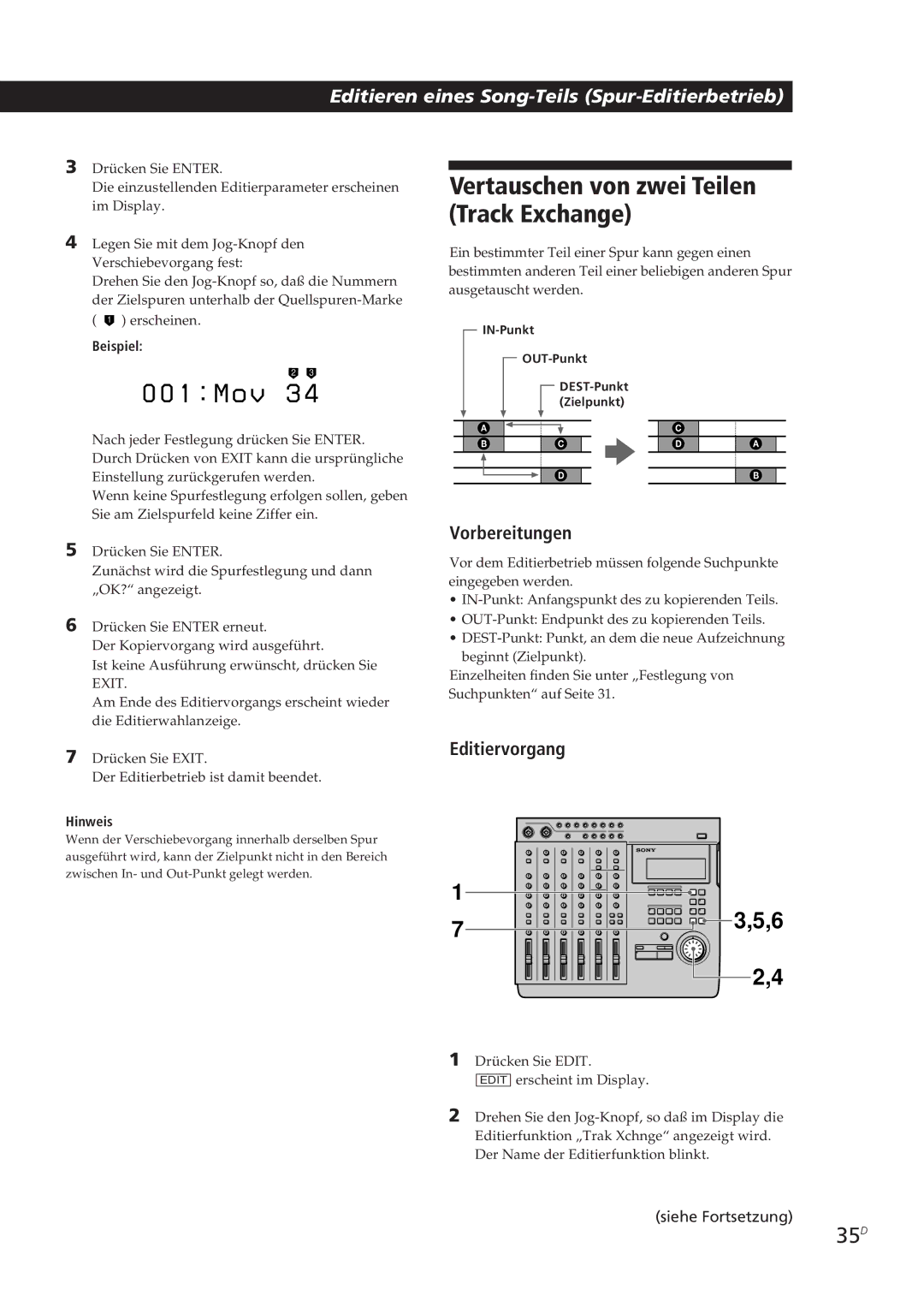 Sony MDM-X4 operating instructions Vertauschen von zwei Teilen Track Exchange, 35D 