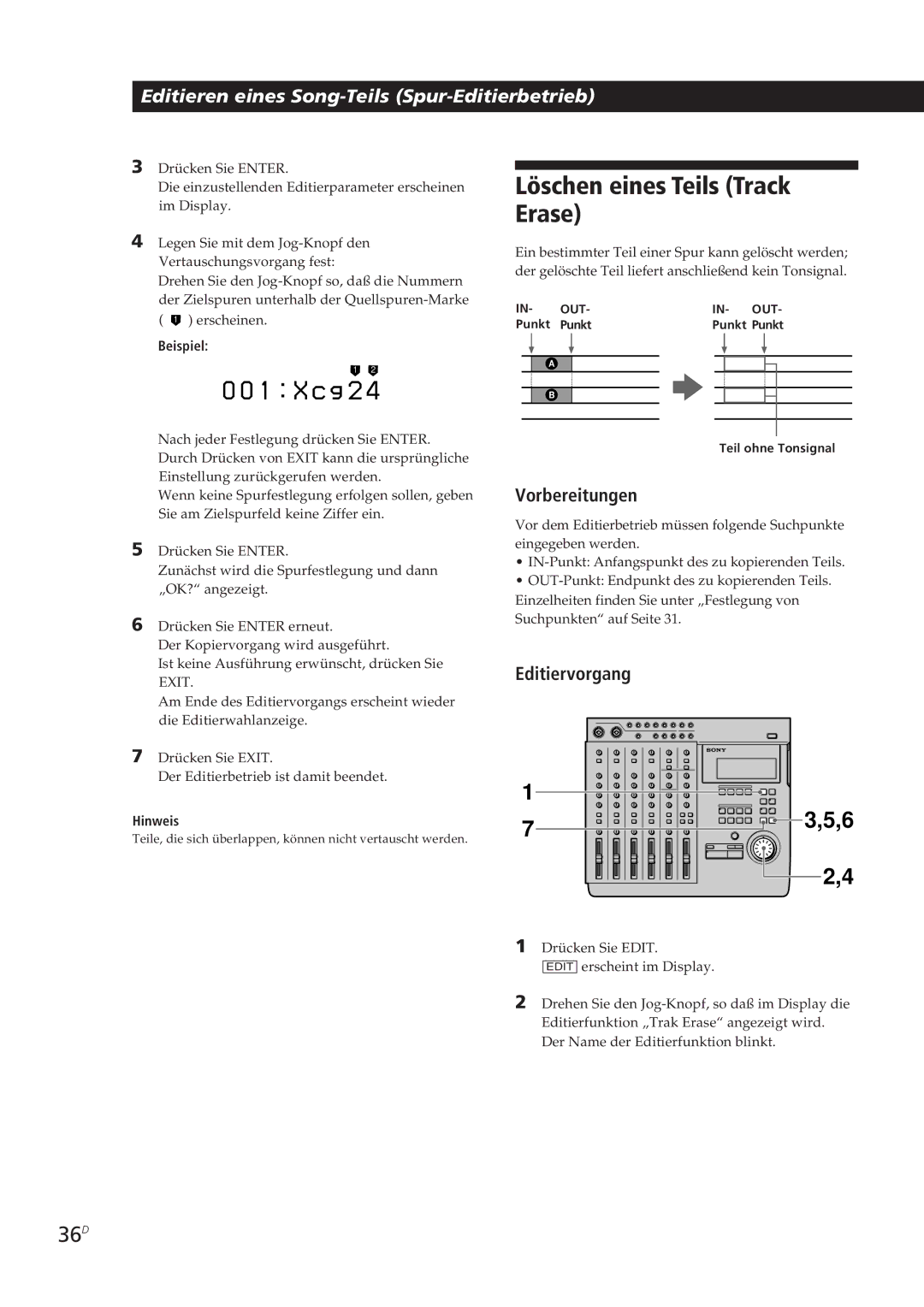 Sony MDM-X4 operating instructions Löschen eines Teils Track, 36D 