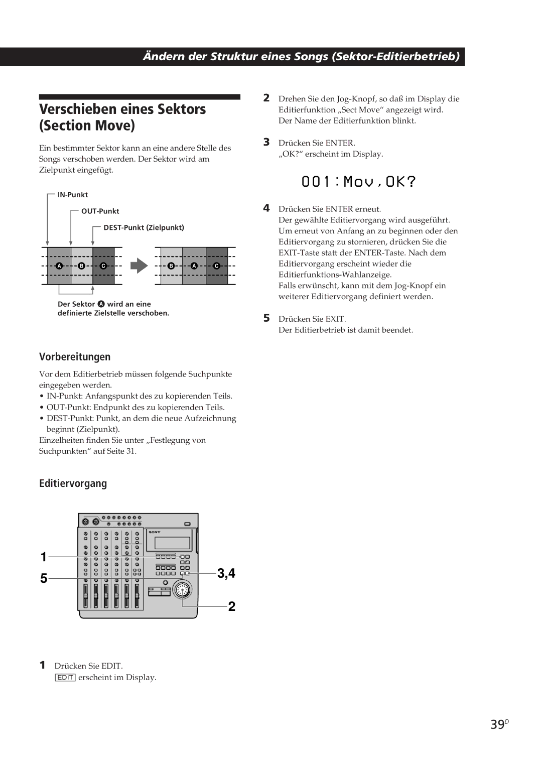 Sony MDM-X4 operating instructions Verschieben eines Sektors, 39D 