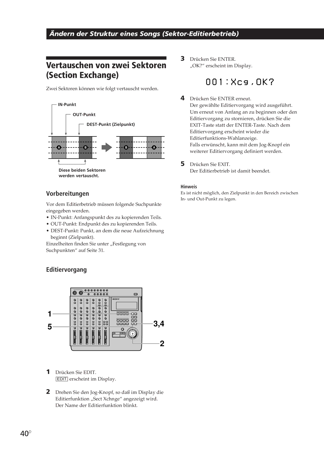 Sony MDM-X4 operating instructions Vertauschen von zwei Sektoren, Section Exchange, 40D 