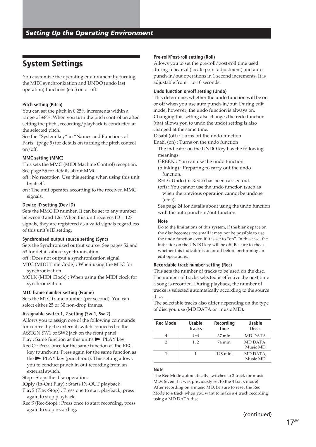 Sony MDM-X4 operating instructions System Settings, 17EN 