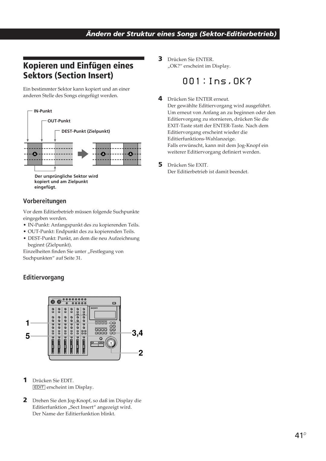 Sony MDM-X4 operating instructions Kopieren und Einfügen eines, Sektors Section Insert, 41D 