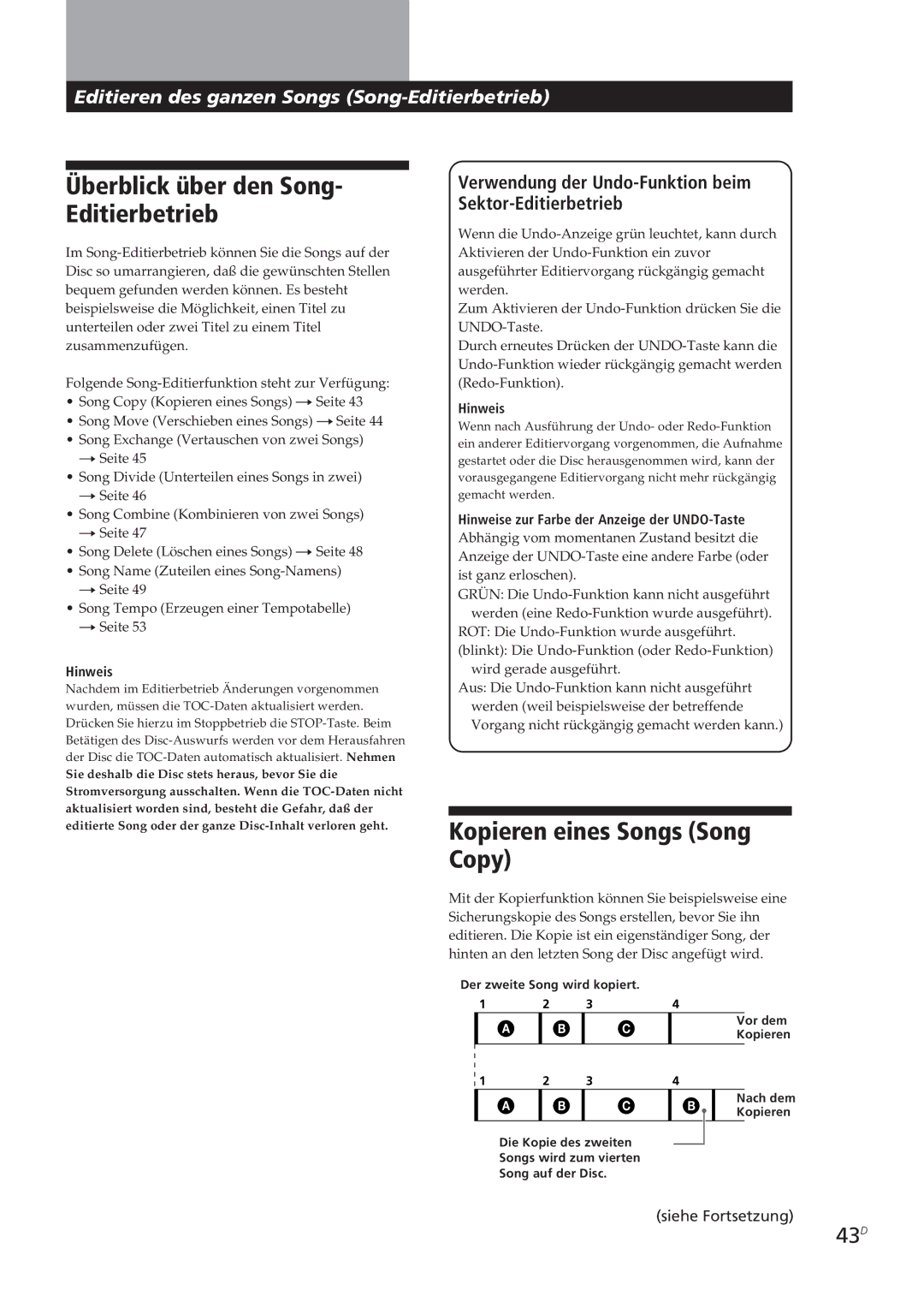 Sony MDM-X4 operating instructions Überblick über den Song- Editierbetrieb, Kopieren eines Songs Song Copy, 43D 