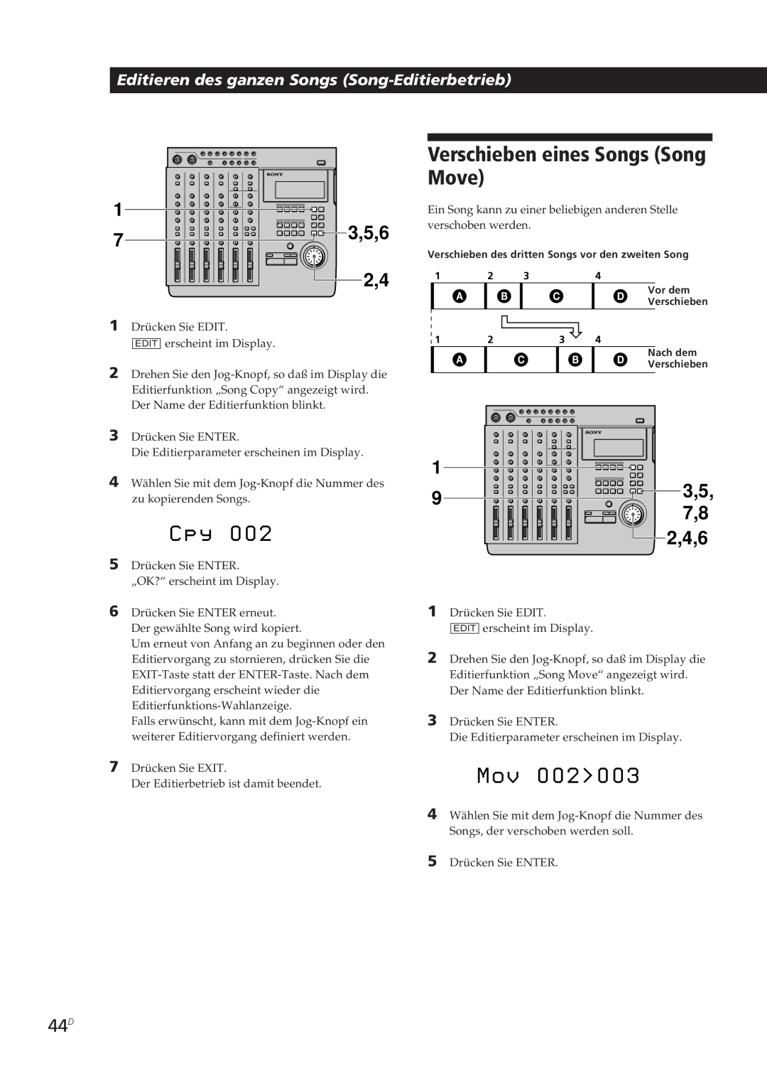 Sony MDM-X4 operating instructions Verschieben eines Songs Song Move, 44D 