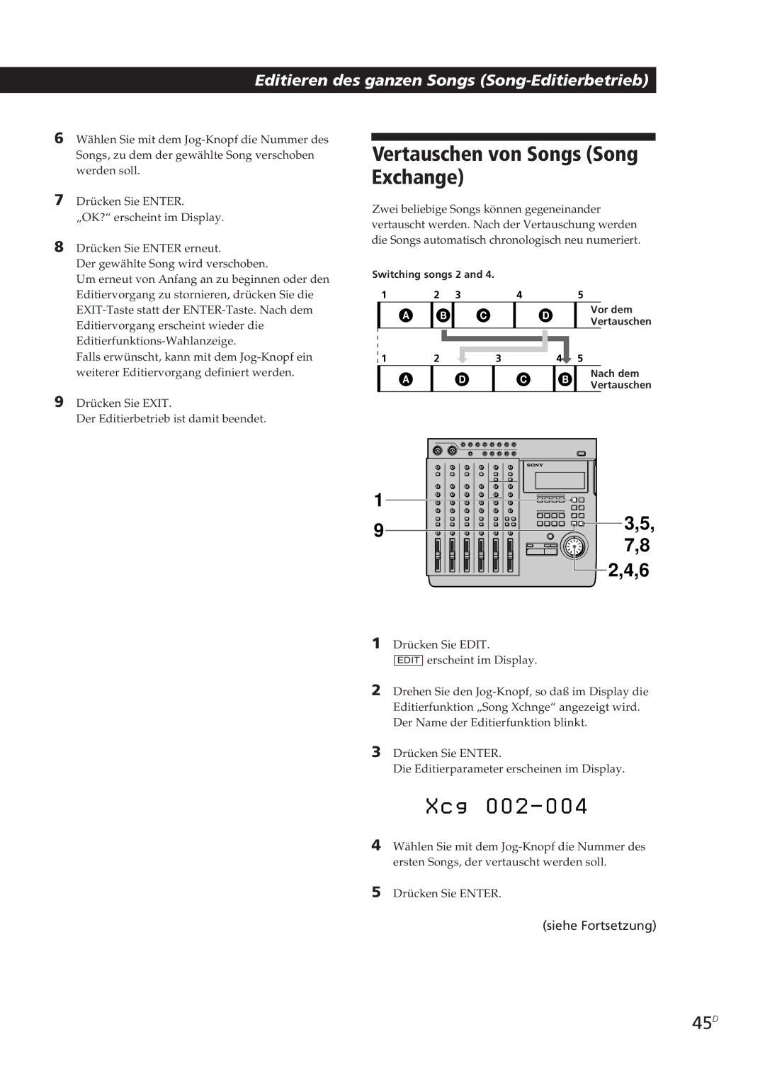 Sony MDM-X4 operating instructions Vertauschen von Songs Song Exchange, 45D 