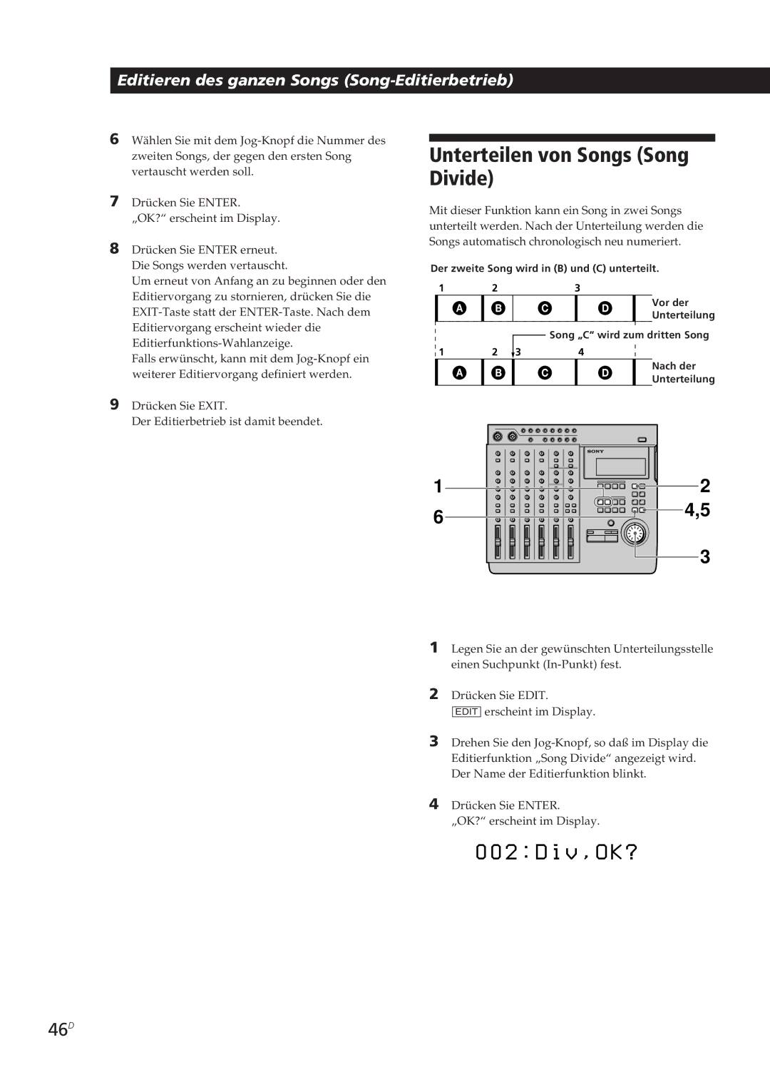 Sony MDM-X4 operating instructions Unterteilen von Songs Song Divide, 46D 