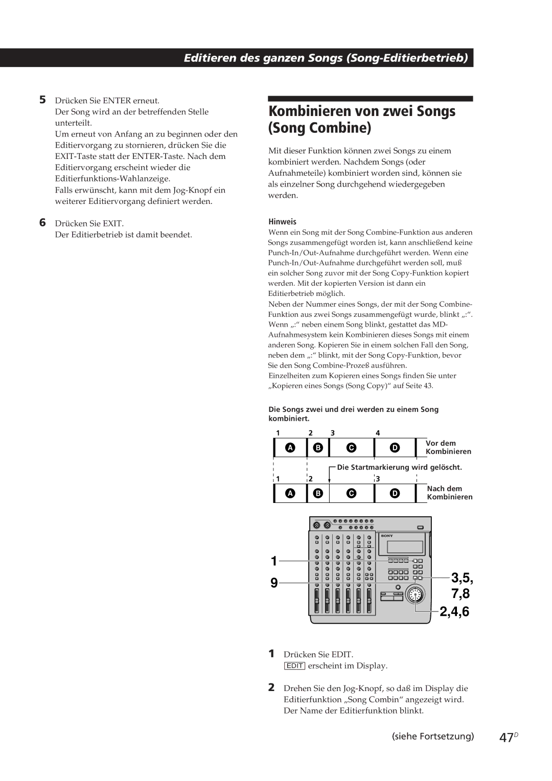 Sony MDM-X4 operating instructions Kombinieren von zwei Songs Song Combine, 47D 