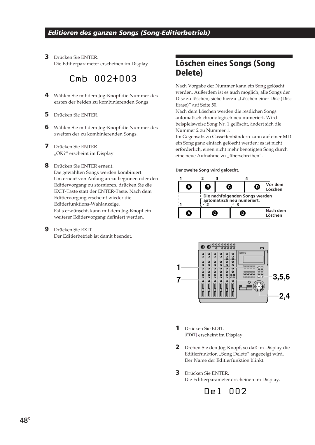 Sony MDM-X4 operating instructions Löschen eines Songs Song Delete, 48D 