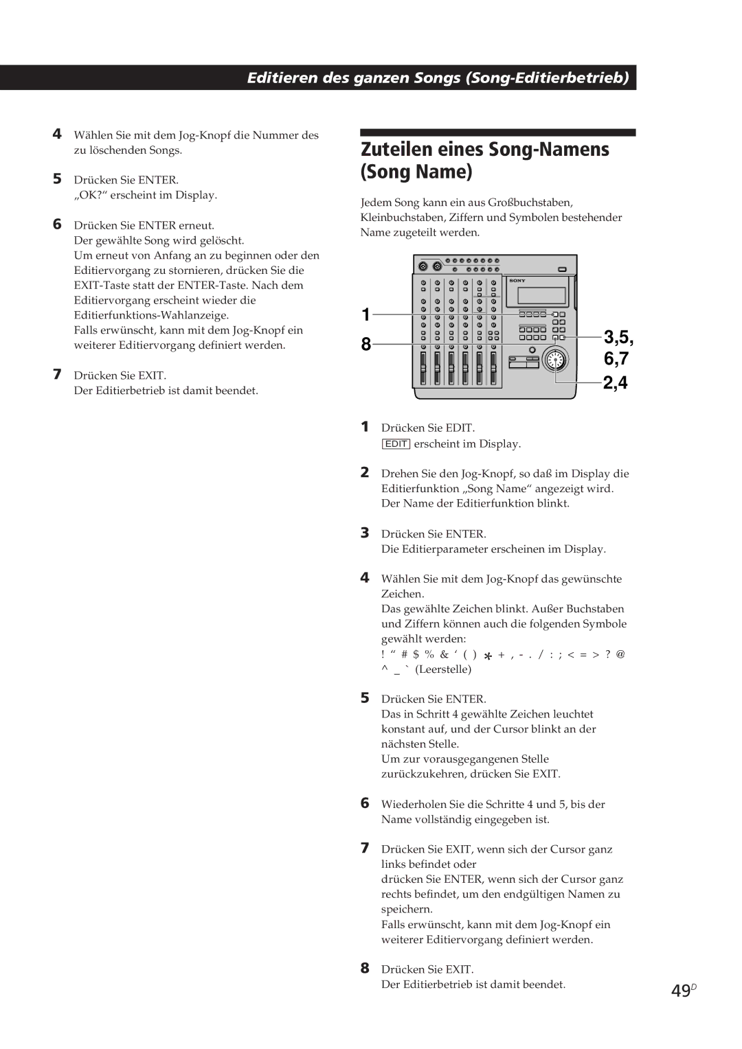 Sony MDM-X4 operating instructions Zuteilen eines Song-Namens Song Name 