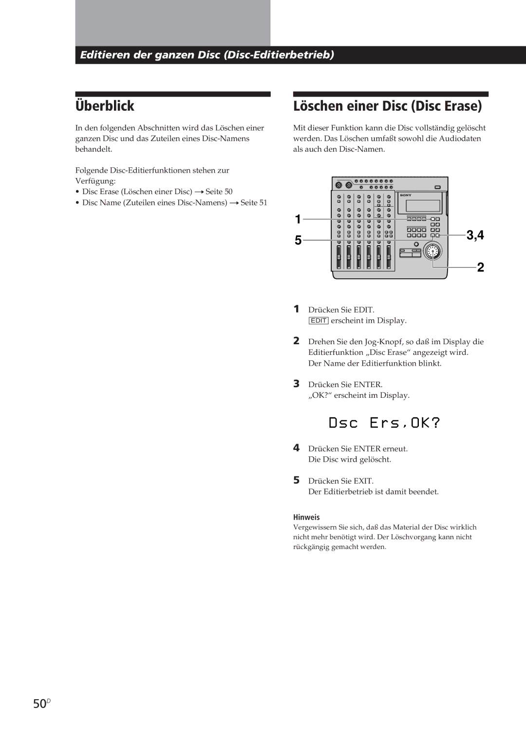 Sony MDM-X4 operating instructions Überblick, Löschen einer Disc Disc Erase, 50D 