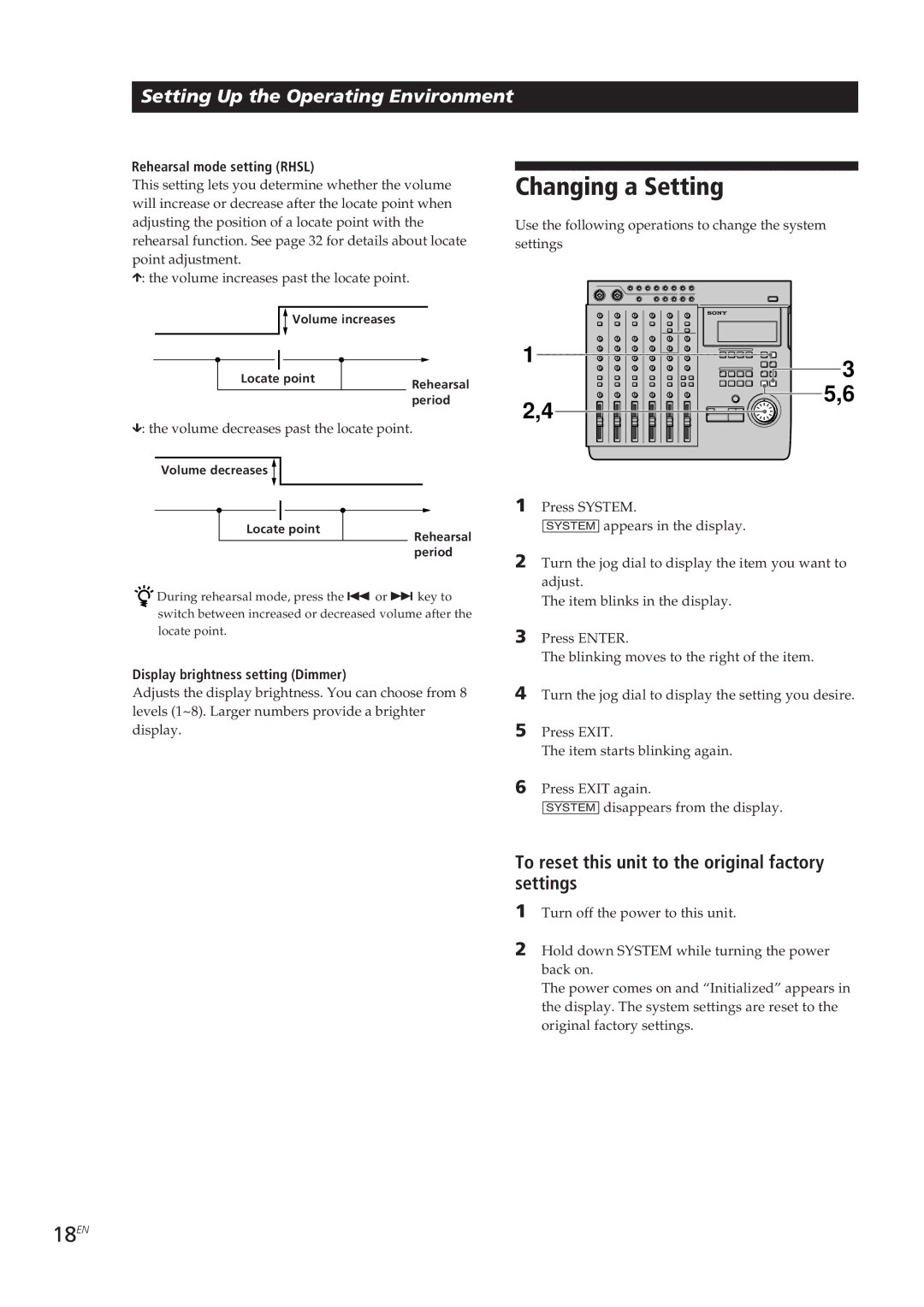 Sony MDM-X4 Changing a Setting, 18EN, To reset this unit to the original factory settings, Rehearsal mode setting Rhsl 