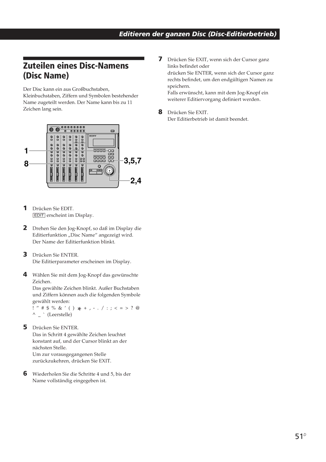 Sony MDM-X4 operating instructions Zuteilen eines Disc-Namens Disc Name, 51D 