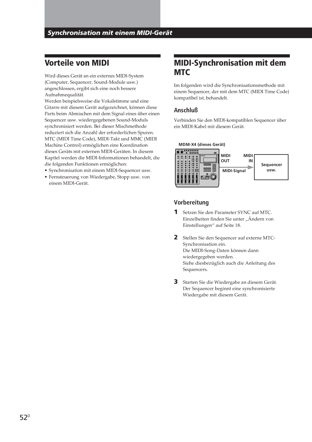 Sony MDM-X4 operating instructions Vorteile von Midi, MIDI-Synchronisation mit dem, 52D, Anschluß, Vorbereitung 