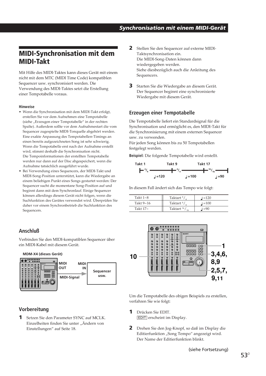 Sony MDM-X4 operating instructions MIDI-Synchronisation mit dem MIDI-Takt, 53D, Erzeugen einer Tempotabelle 