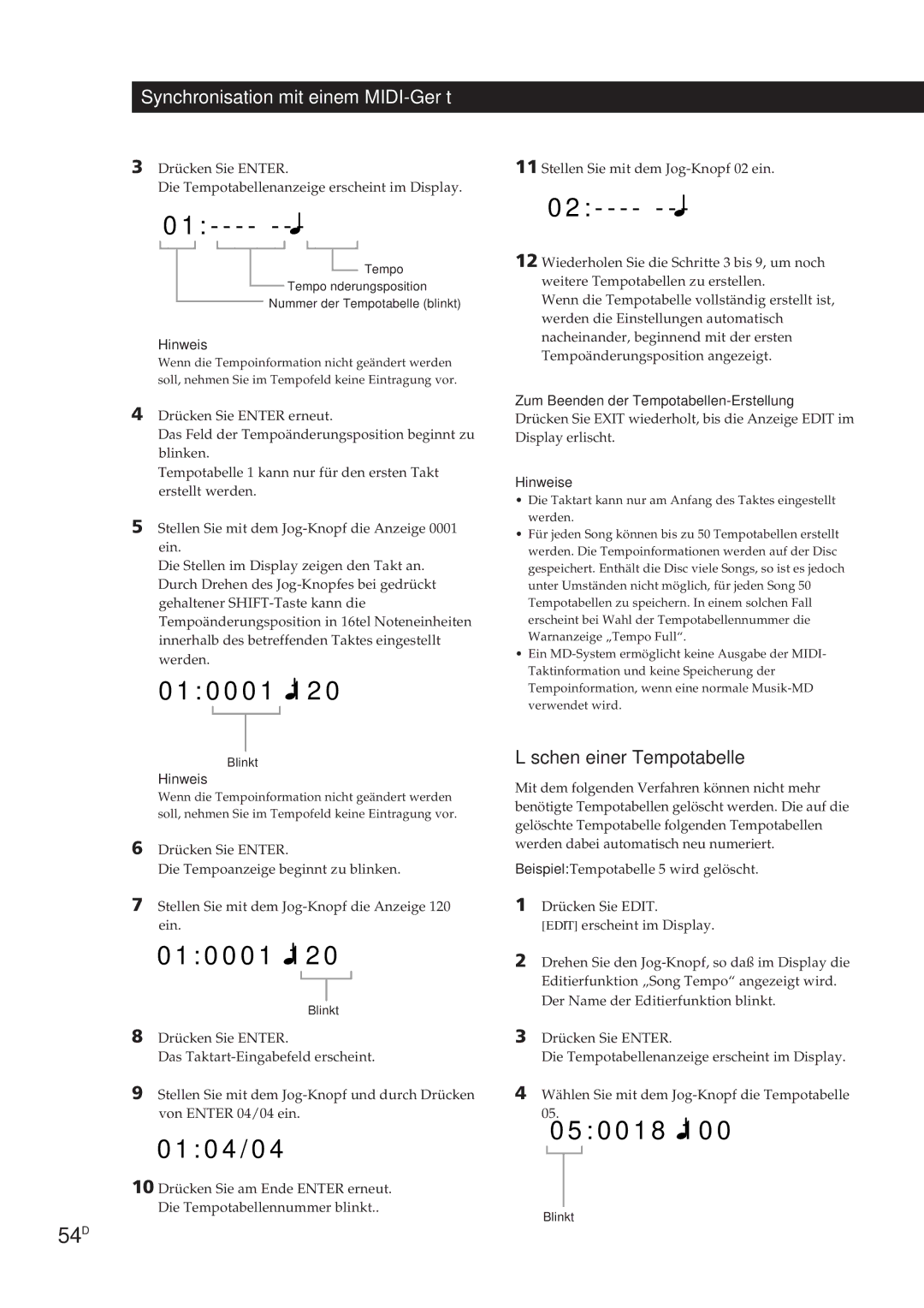 Sony MDM-X4 operating instructions 54D, Löschen einer Tempotabelle, Zum Beenden der Tempotabellen-Erstellung 