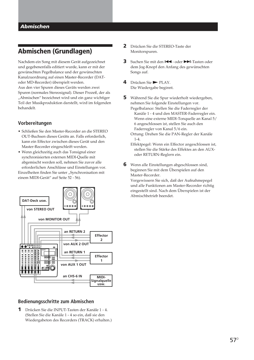 Sony MDM-X4 operating instructions Abmischen Grundlagen, 57D, Bedienungsschritte zum Abmischen 