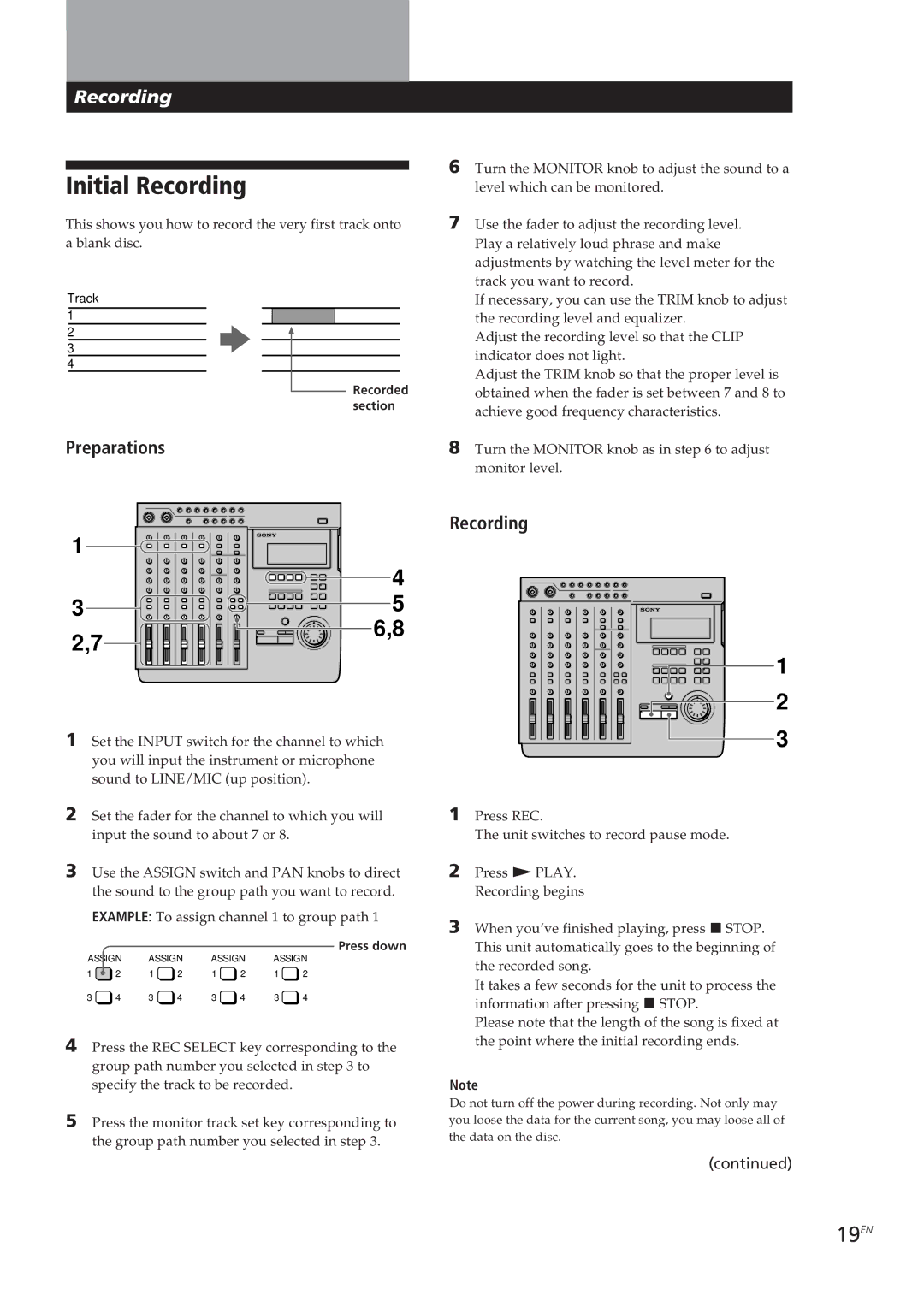 Sony MDM-X4 operating instructions Initial Recording, 19EN, Preparations 