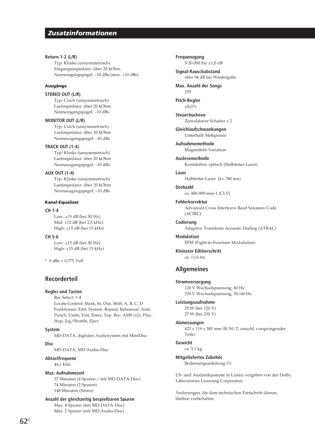 Sony MDM-X4 operating instructions 62D, Recorderteil, Allgemeines 