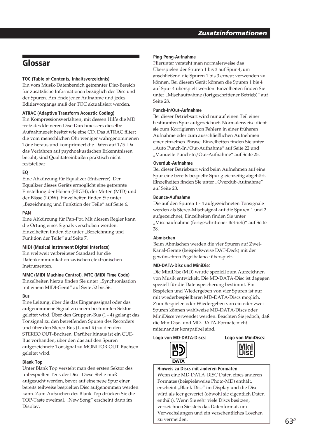 Sony MDM-X4 operating instructions Glossar, 63D 