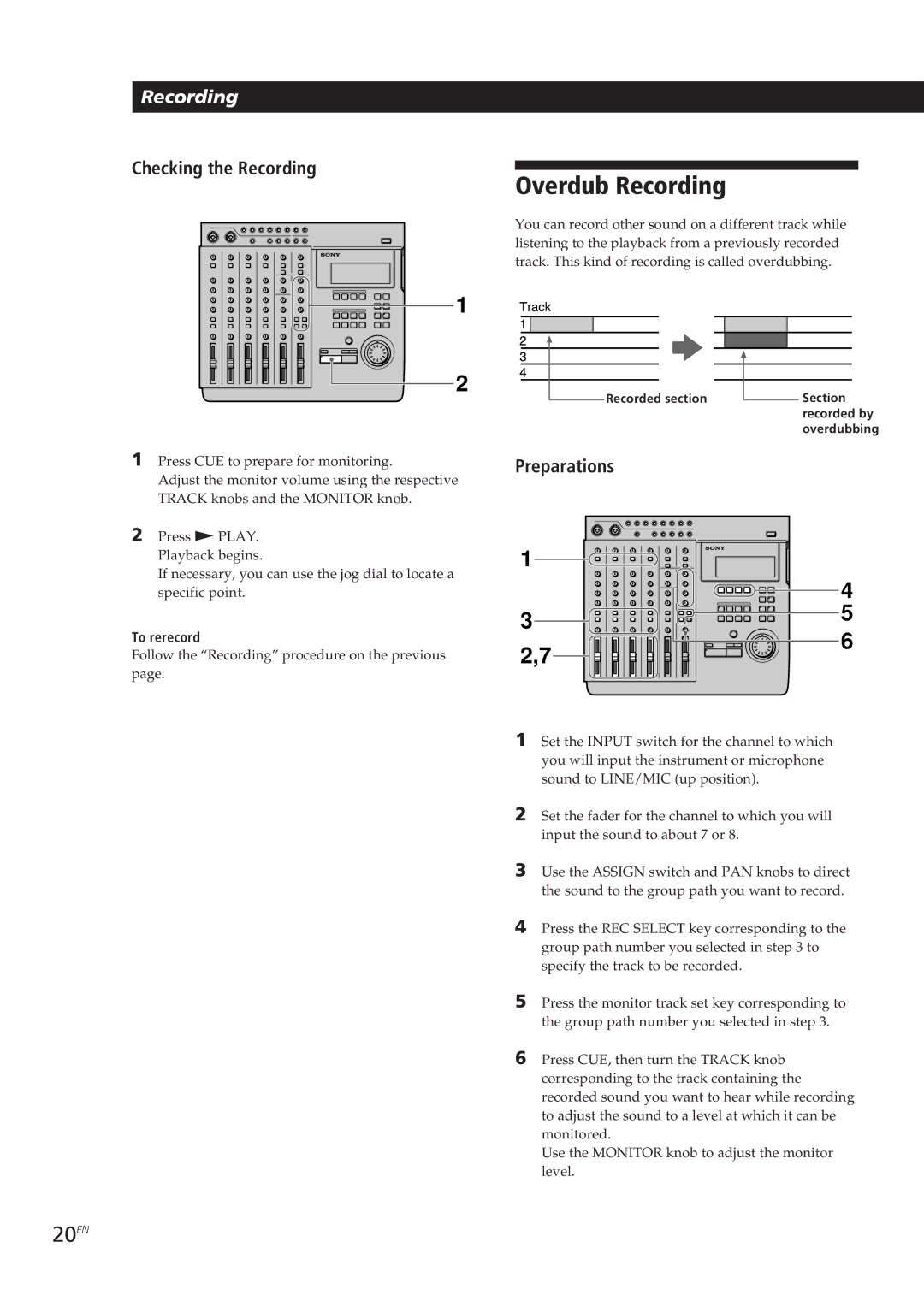 Sony MDM-X4 operating instructions Overdub Recording, 20EN, Checking the Recording, To rerecord 