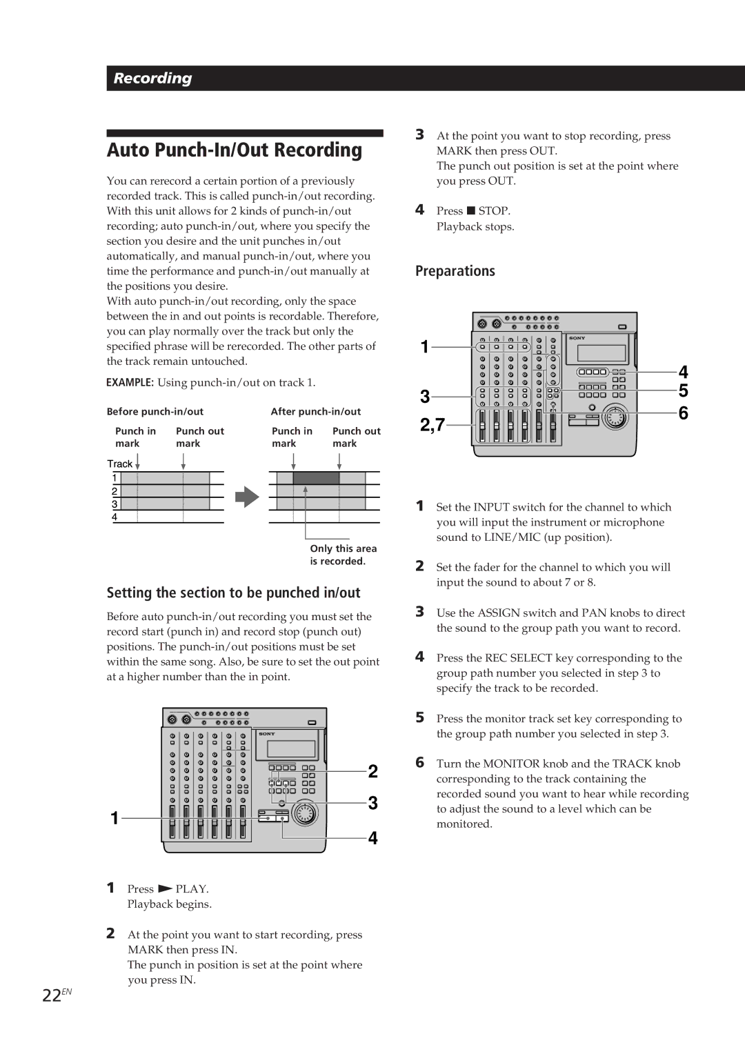 Sony MDM-X4 operating instructions Auto Punch-In/Out Recording, 22EN, Setting the section to be punched in/out 