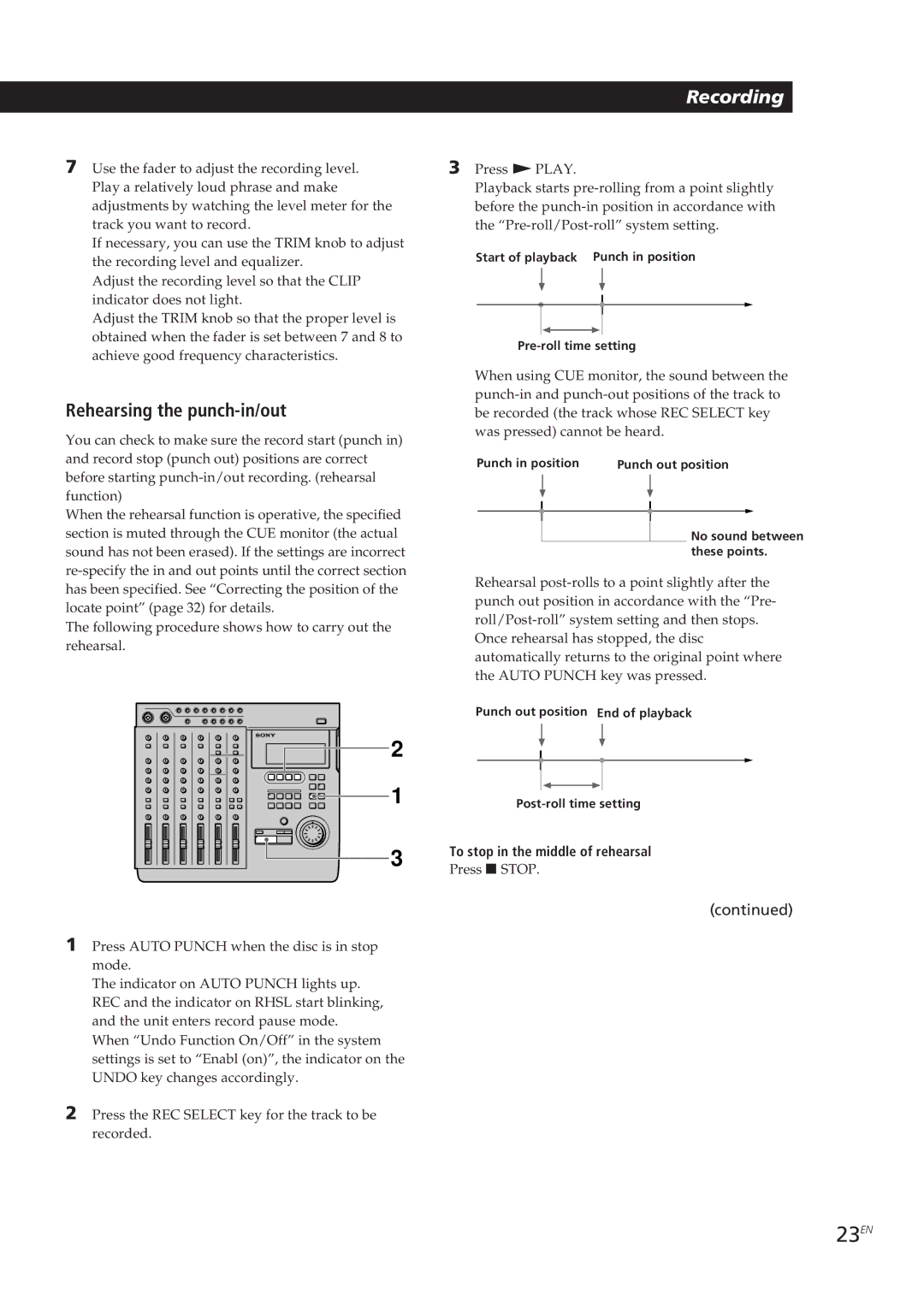 Sony MDM-X4 operating instructions 23EN, Rehearsing the punch-in/out, To stop in the middle of rehearsal 