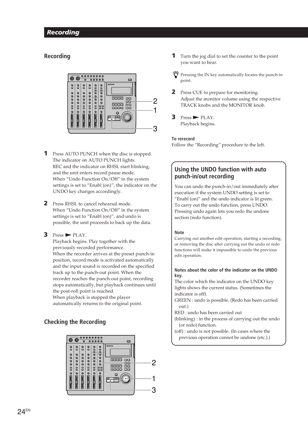 Sony MDM-X4 operating instructions 24EN, Using the Undo function with auto punch-in/out recording 