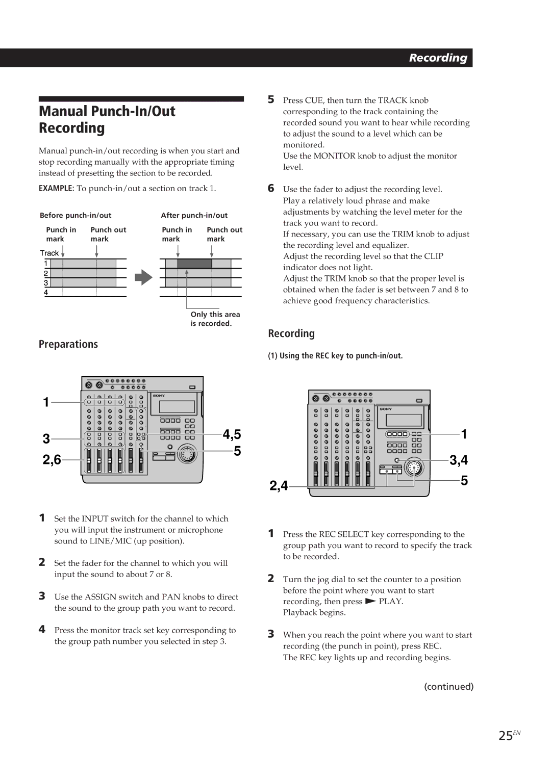 Sony MDM-X4 operating instructions Manual Punch-In/Out Recording, 25EN, Using the REC key to punch-in/out 