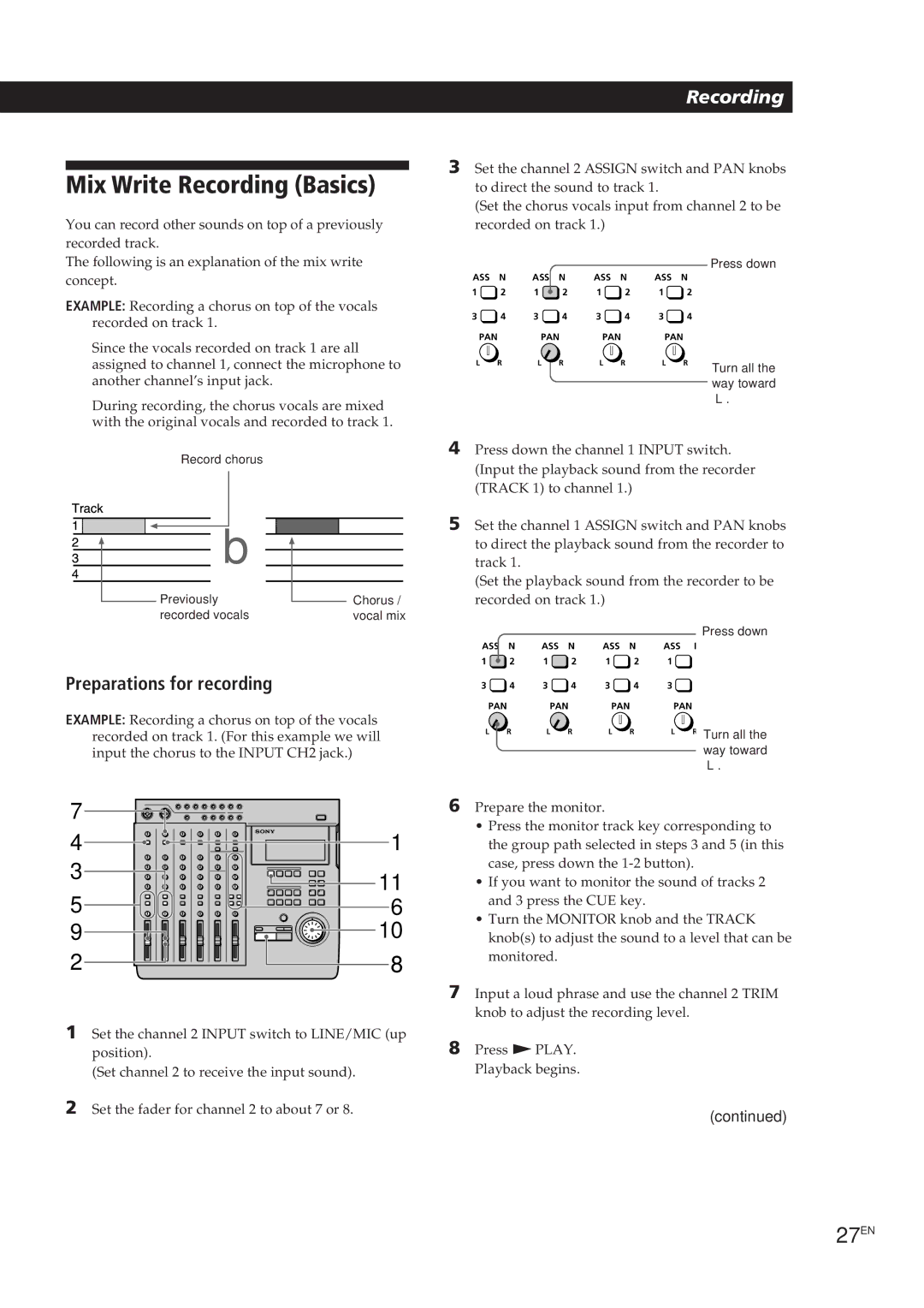 Sony MDM-X4 operating instructions Mix Write Recording Basics, 27EN, Preparations for recording 