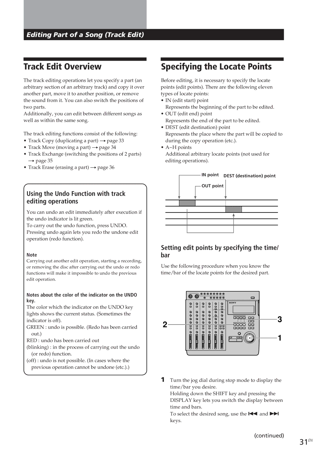 Sony MDM-X4 Track Edit Overview, Specifying the Locate Points, 31EN, Using the Undo Function with track editing operations 