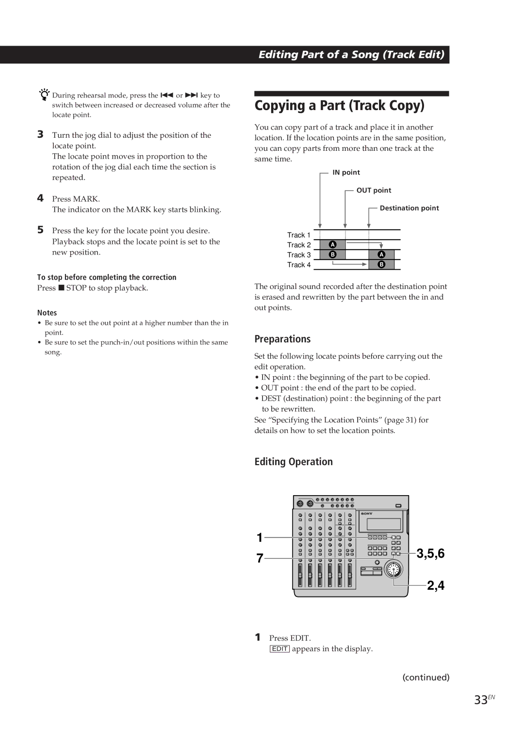 Sony MDM-X4 Copying a Part Track Copy, 33EN, Editing Operation, To stop before completing the correction 