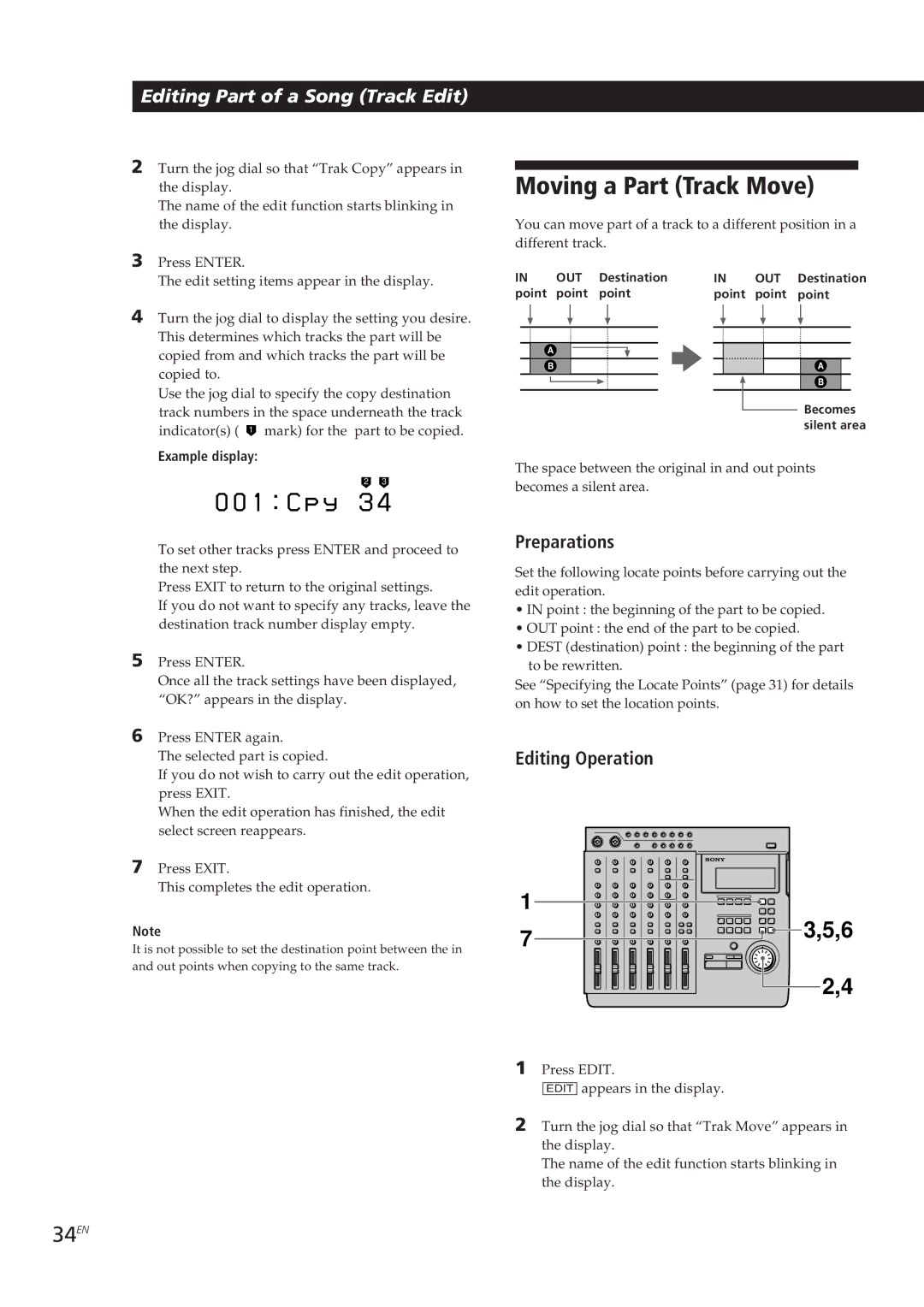 Sony MDM-X4 operating instructions C p y 3, Moving a Part Track Move, 34EN, Example display 